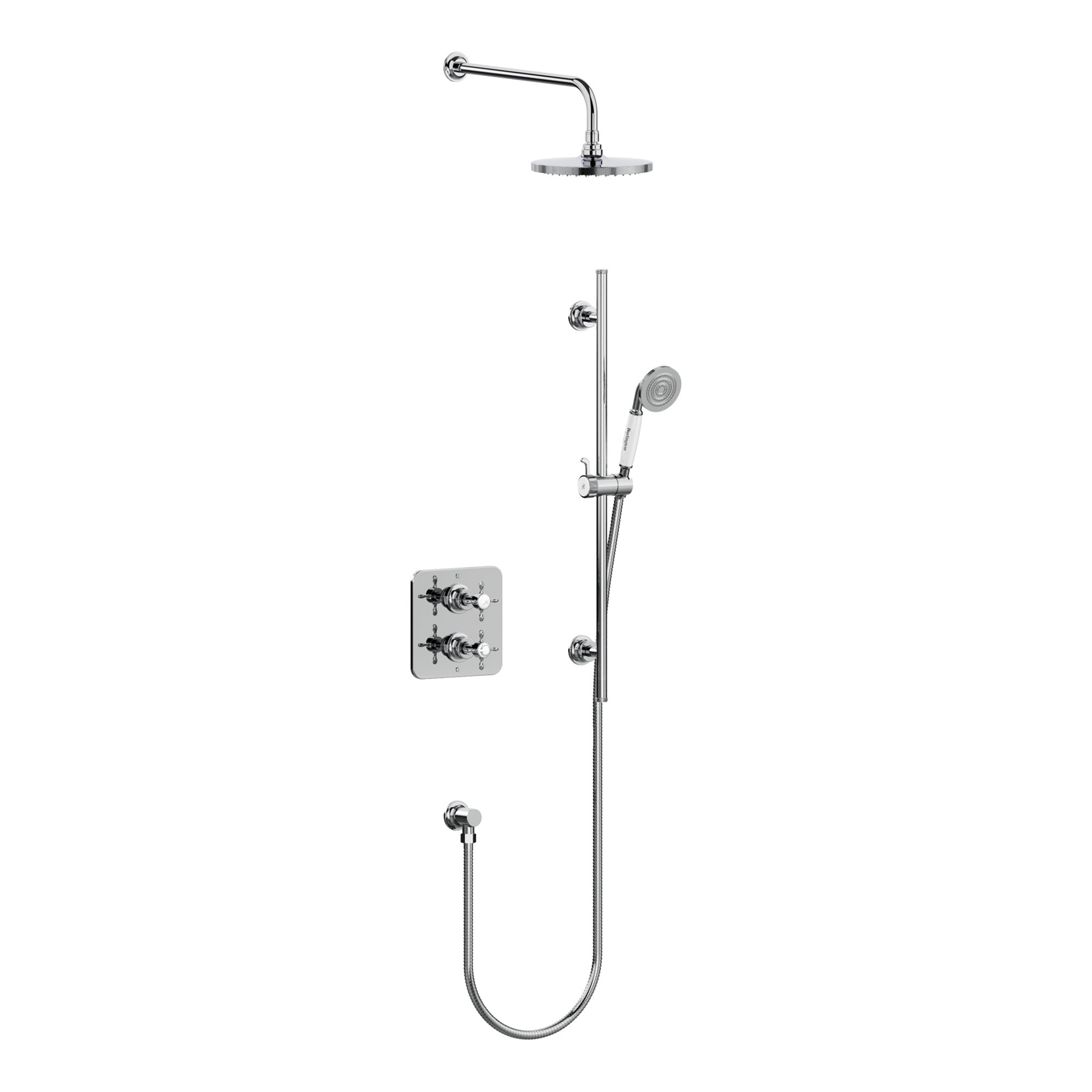 burlington guild thermostatic shower valve with slide rail handset and overhead chrome