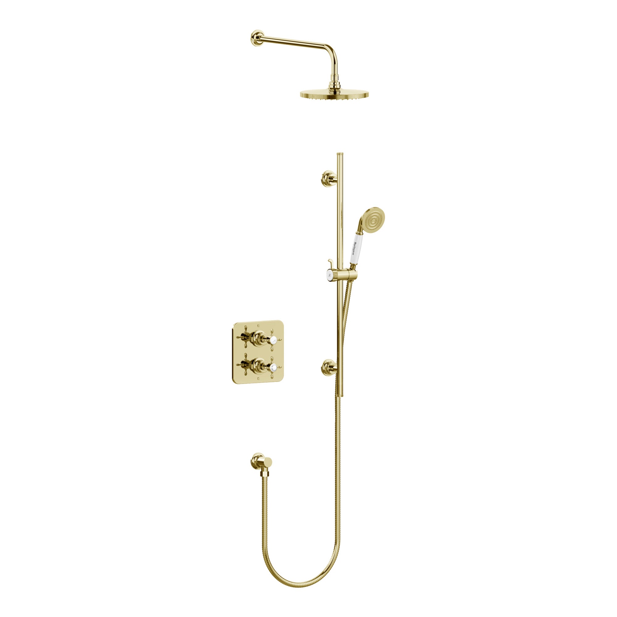 burlington guild thermostatic shower valve with slide rail handset and overhead gold