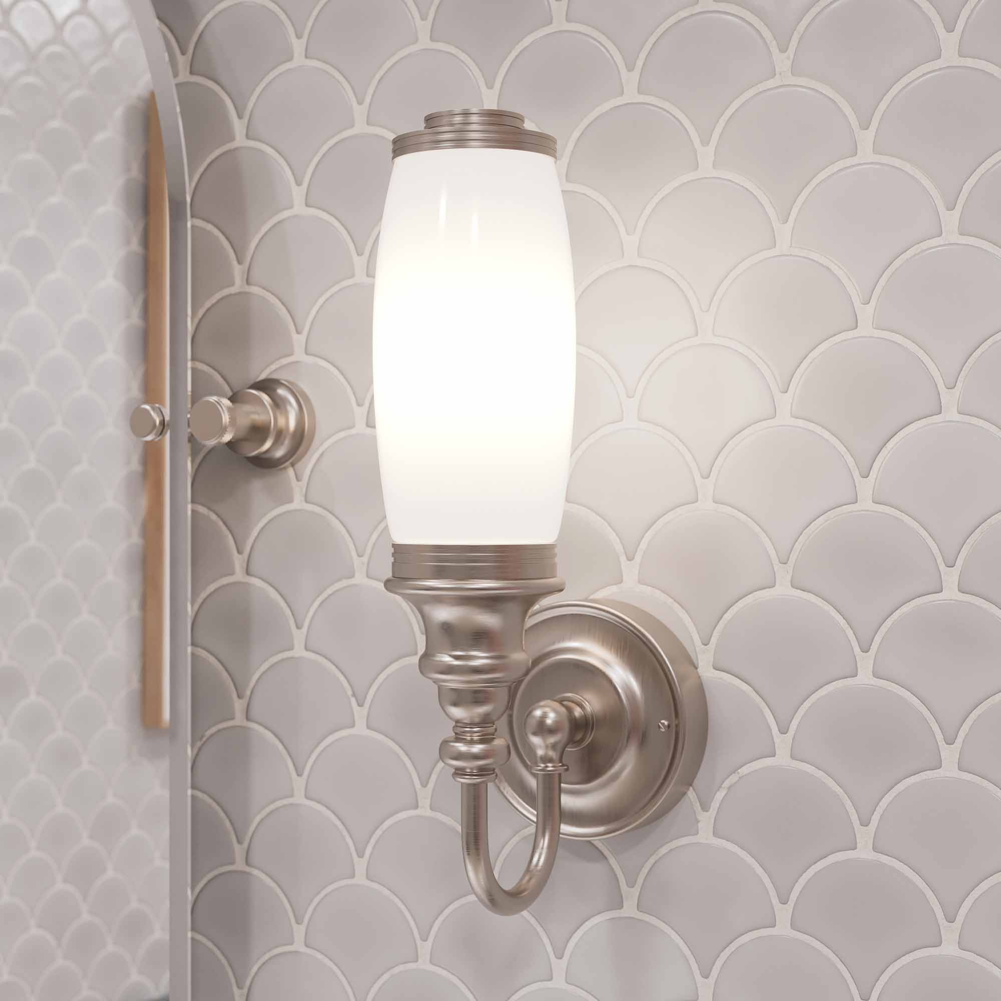 burlington led bathroom ornate wall light opal glass tube shade brushed nickel