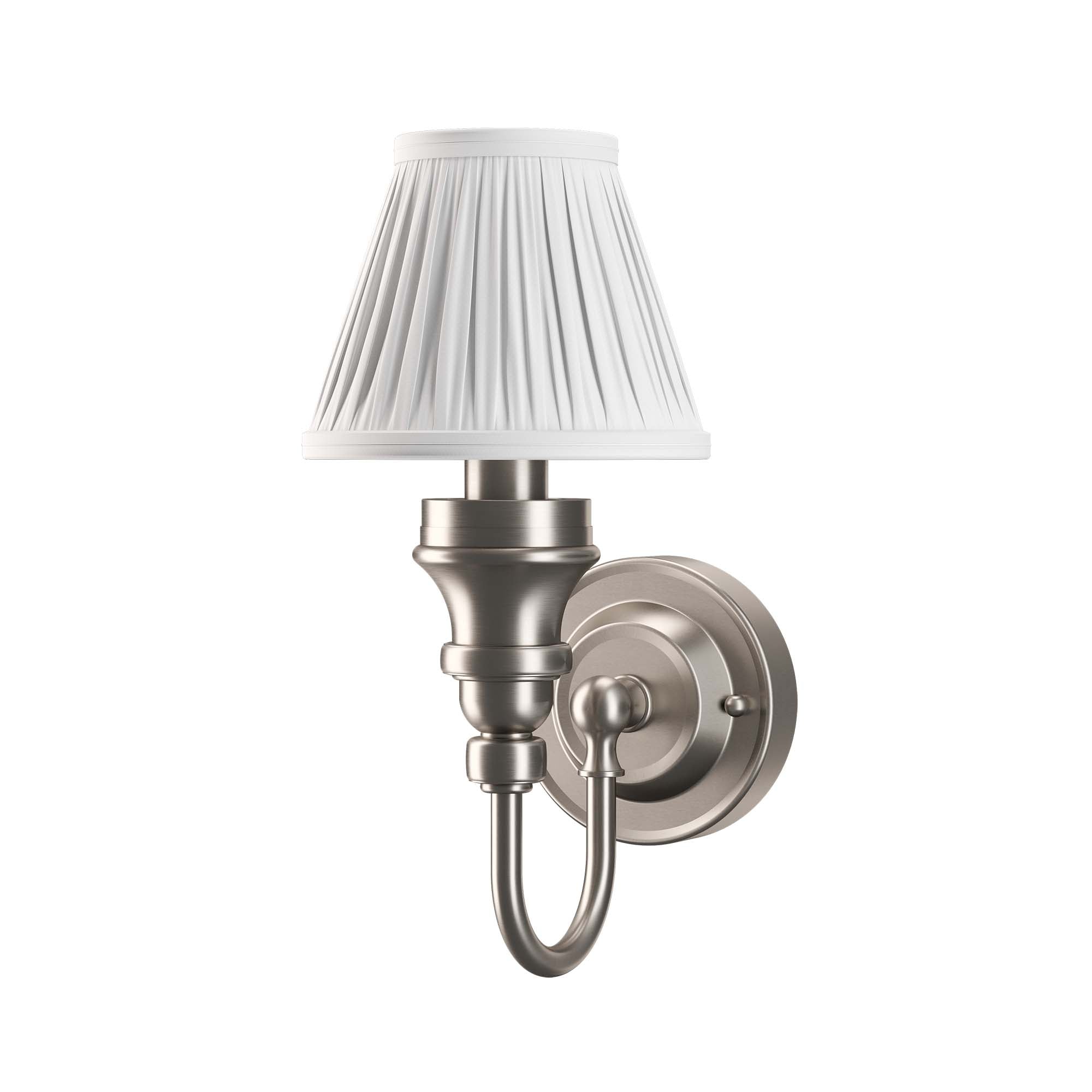 burlington led bathroom ornate wall light white fine pleated shade brushed nickel