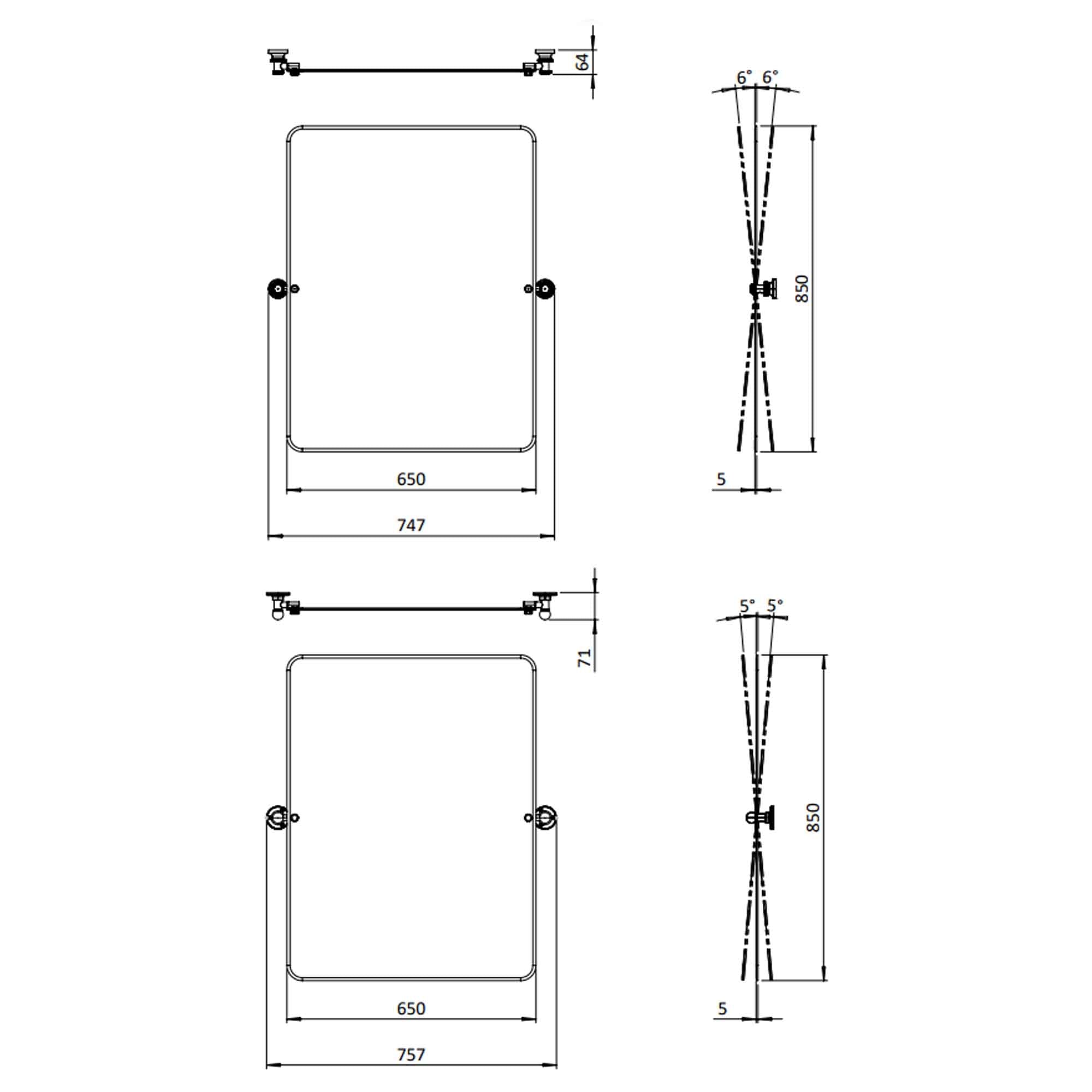 burlington rectangular hinged mirror 650x850mm with 1850 fixings brushed nickel