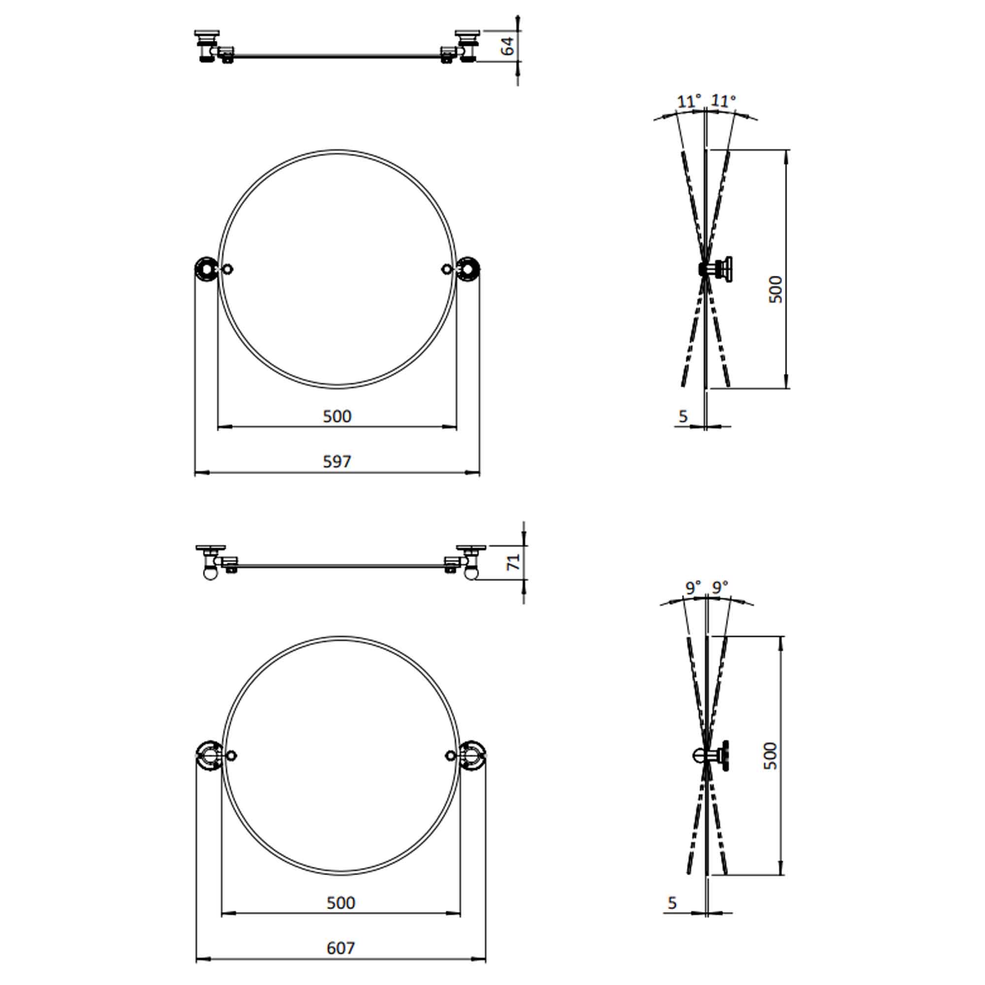 burlington round hinged mirror 500mm with 1850 fixings dimensions