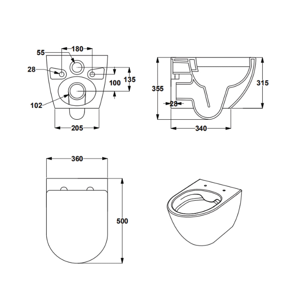 Technical dimension drawing of the Byron wall-mounted toilet bowl with multiple orthographic views, including front, side, top, and angled perspective, with measurements labelled in mm on a white background.
