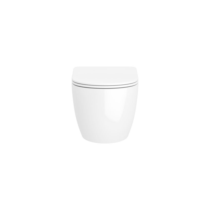 The gloss white Byron wall-mounted toilet with slim seat and closed lid, shown against a solid white background.