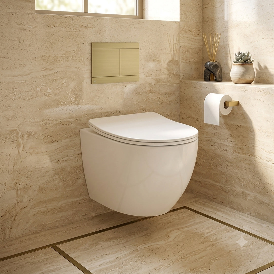 The Byron wall-mounted white toilet with a closed lid, shown installed in a beige stone-tiled bathroom. Supplied by Deluxe Bathrooms.