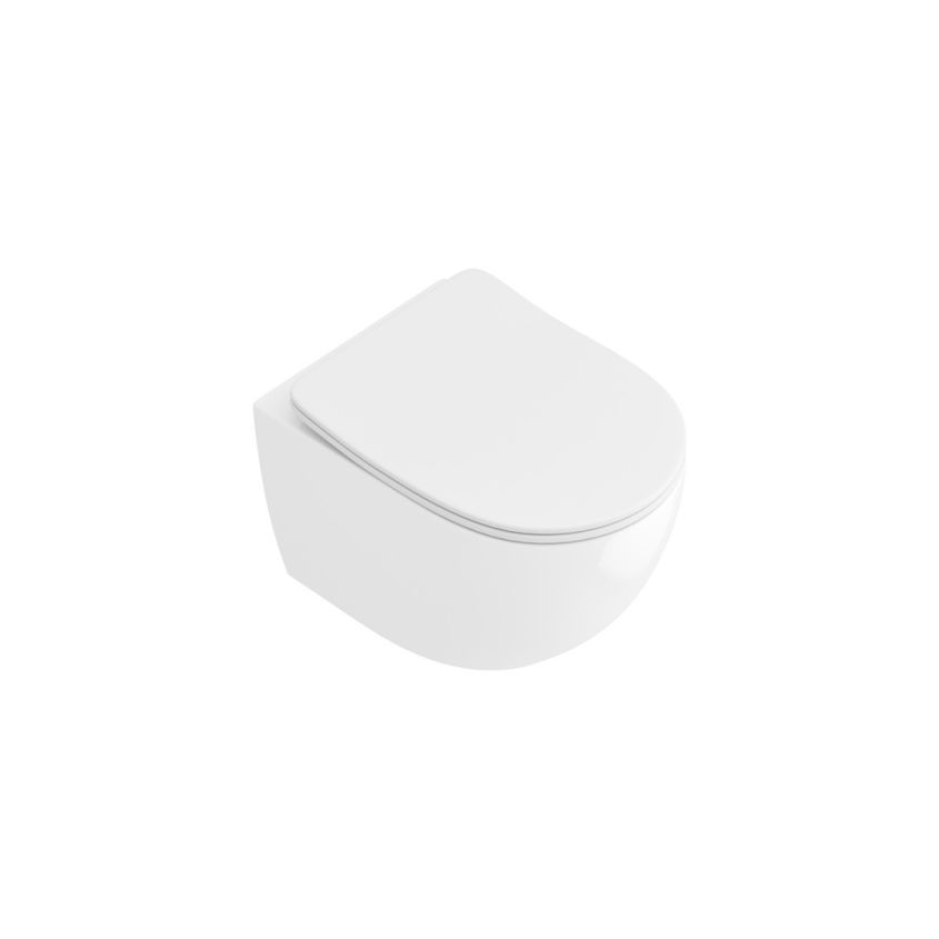 The Byron wall-mounted toilet with a white ceramic body and slim seat, shown from a three-quarter angle on a solid white background.