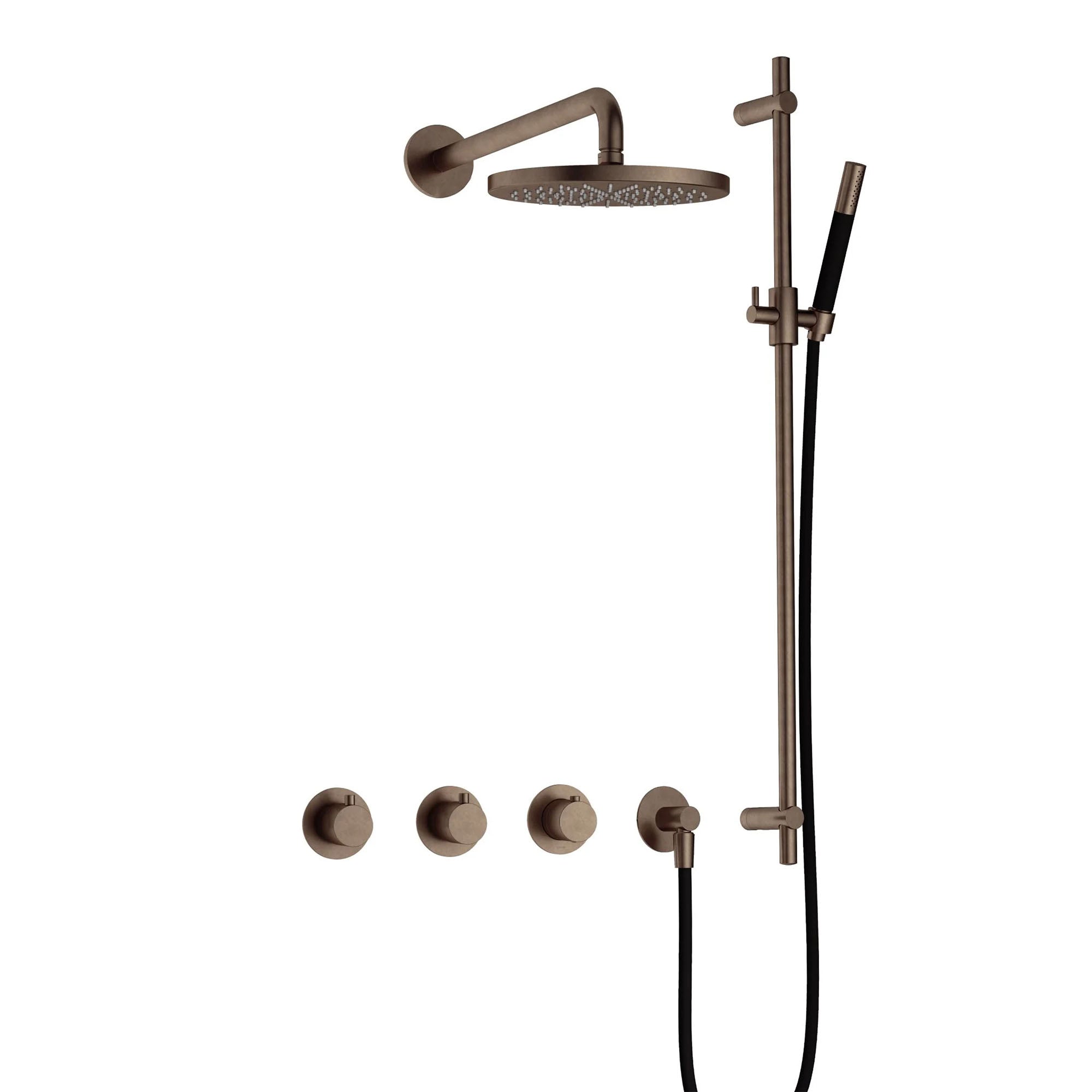 cobber 2 outlet thermostatic shower valve with slide rail handset and fixed overhead aged brass