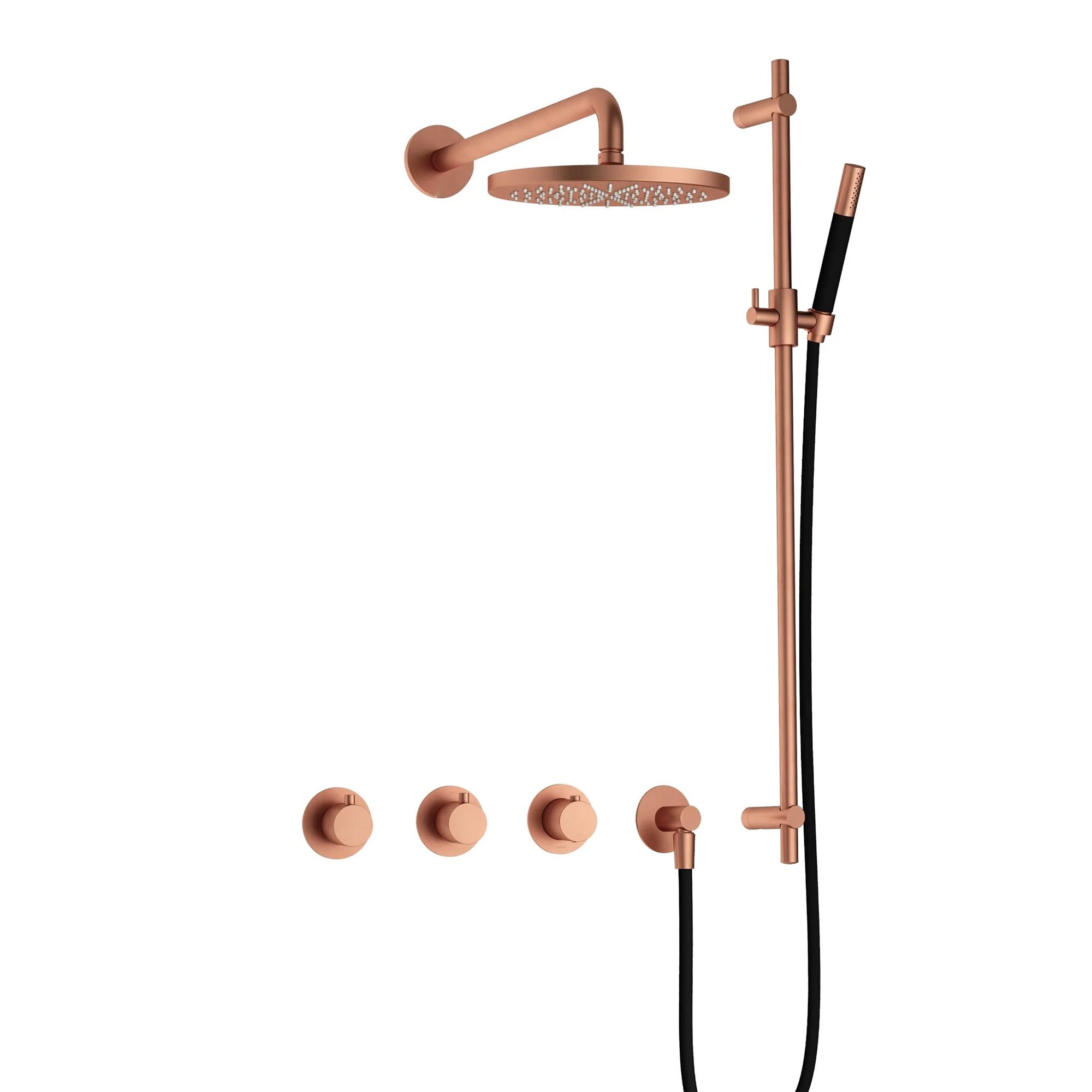 cobber 2 outlet thermostatic shower valve with slide rail handset and fixed overhead brushed copper