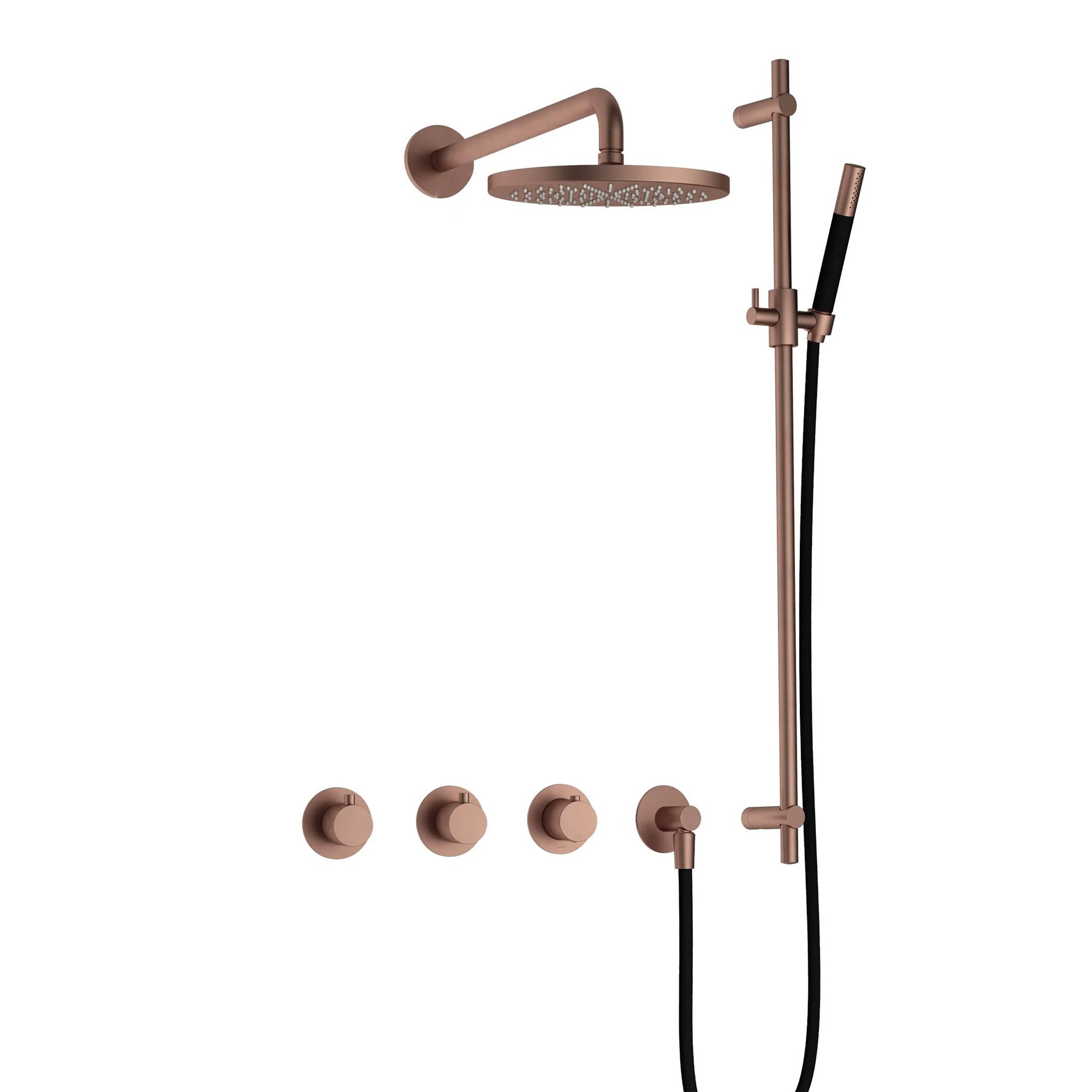 cobber 2 outlet thermostatic shower valve with slide rail handset and fixed overhead brushed copper pvd