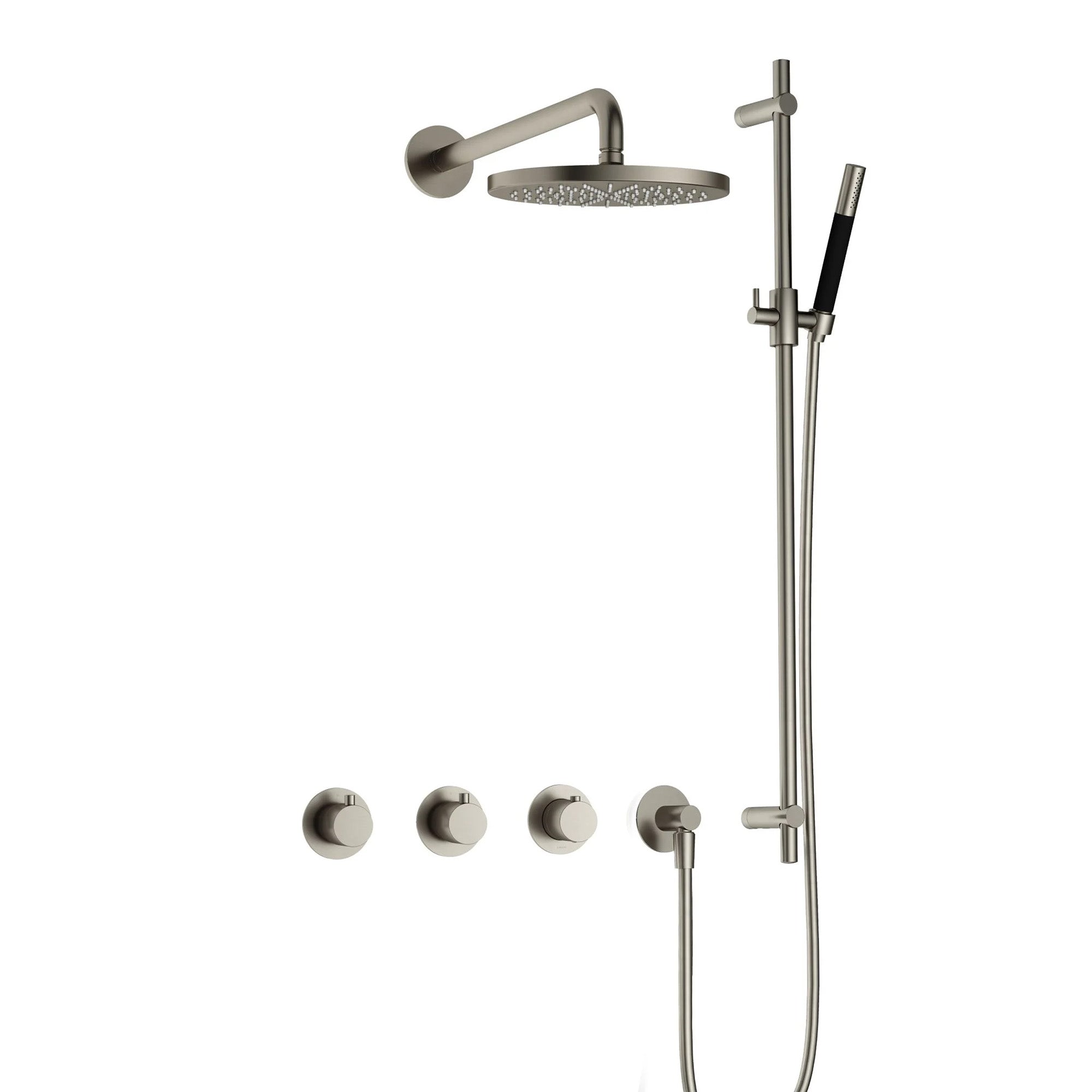 cobber 2 outlet thermostatic shower valve with slide rail handset and fixed overhead brushed nickel