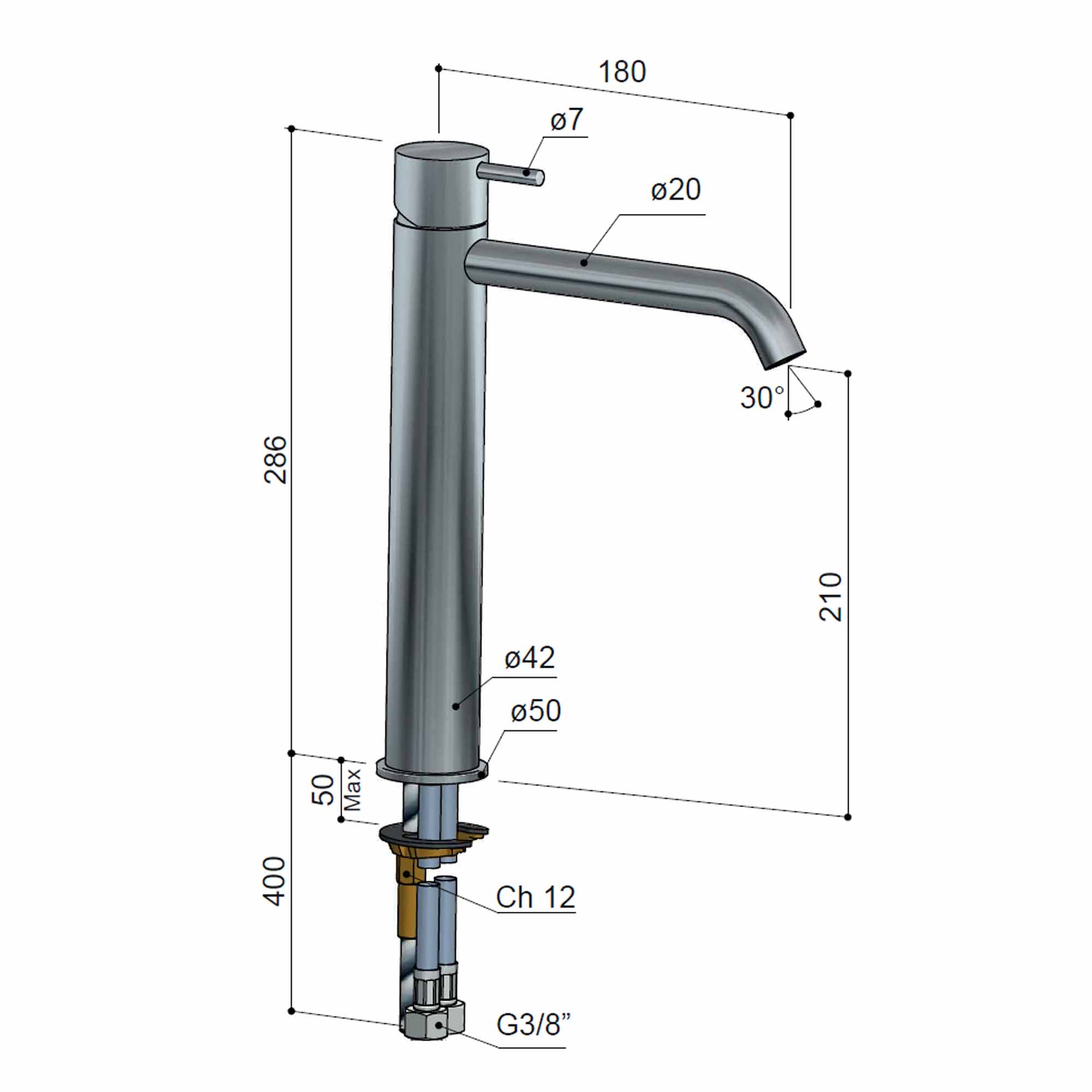 cobber 286mm tall basin mixer tap monobloc curved spout dimensions