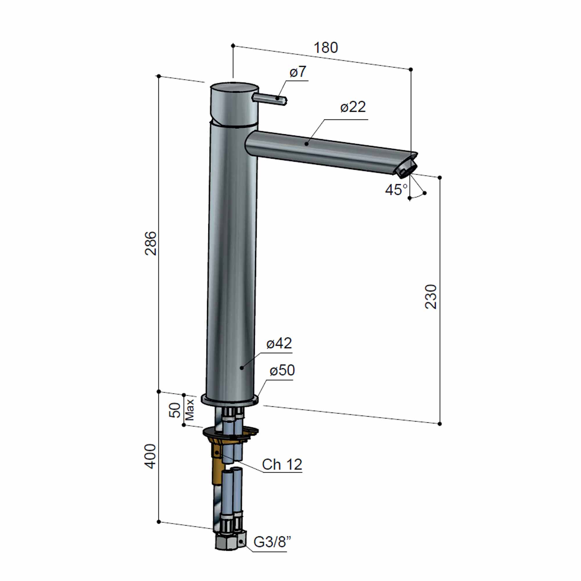 cobber 286mm tall basin mixer tap monobloc dimensions