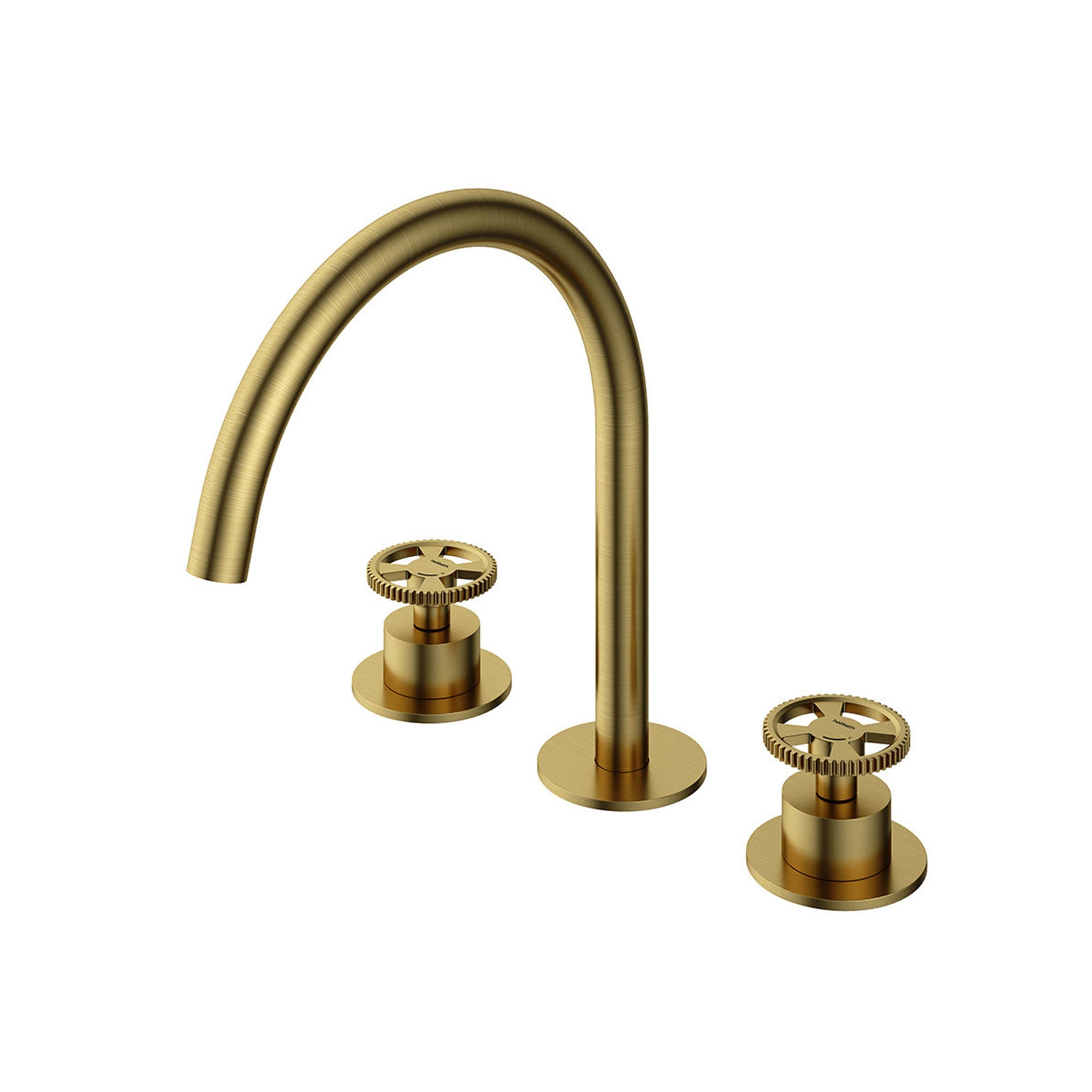 cobber 3 hole deck mounted basin mixer wheel handles brushed brass