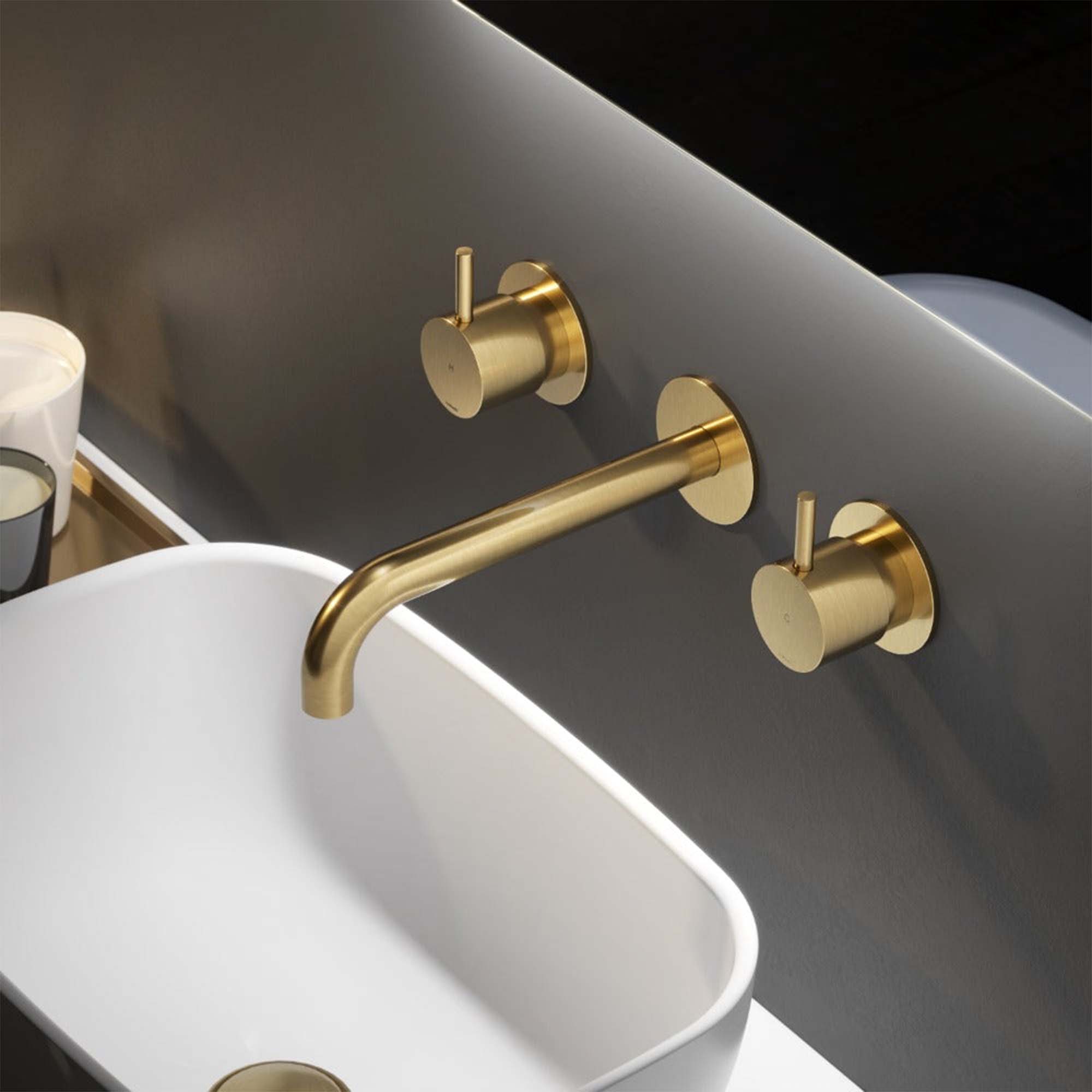 cobber 3 hole wall mounted basin mixer brushed brass