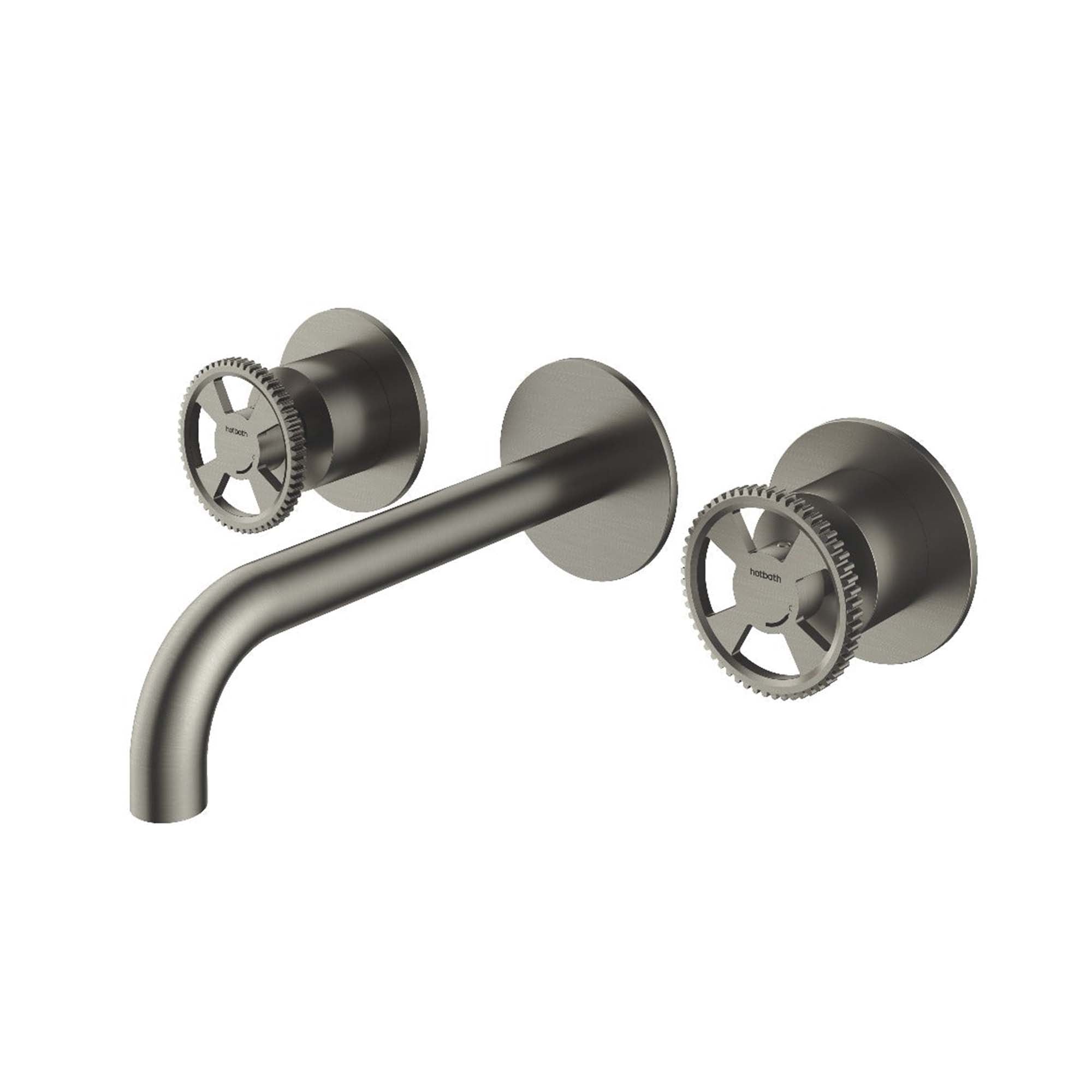 cobber 3 hole wall mounted basin mixer wheel handles brushed nickel