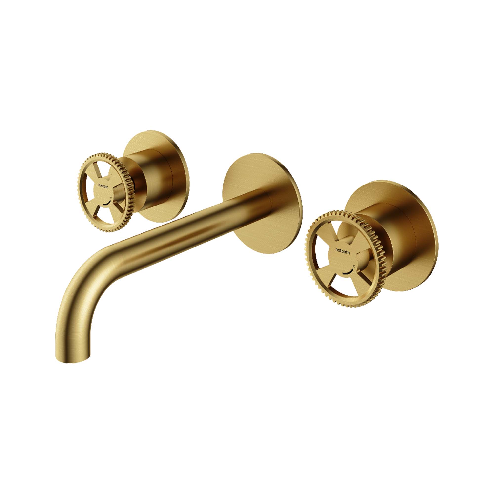 cobber 3 hole wall mounted basin mixer wheel handles living brushed brass