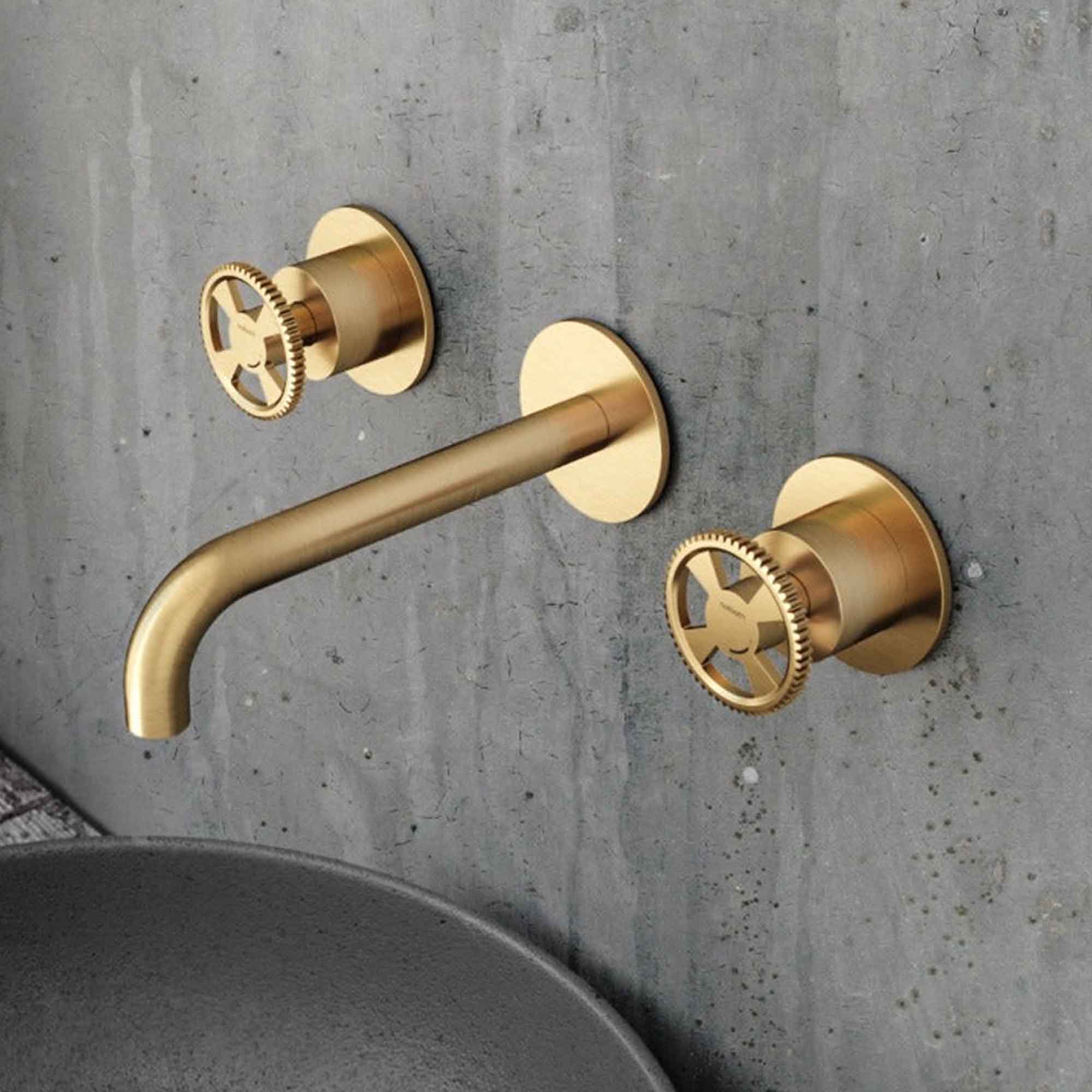 cobber 3 hole wall mounted basin mixer wheel handles living brushed brass