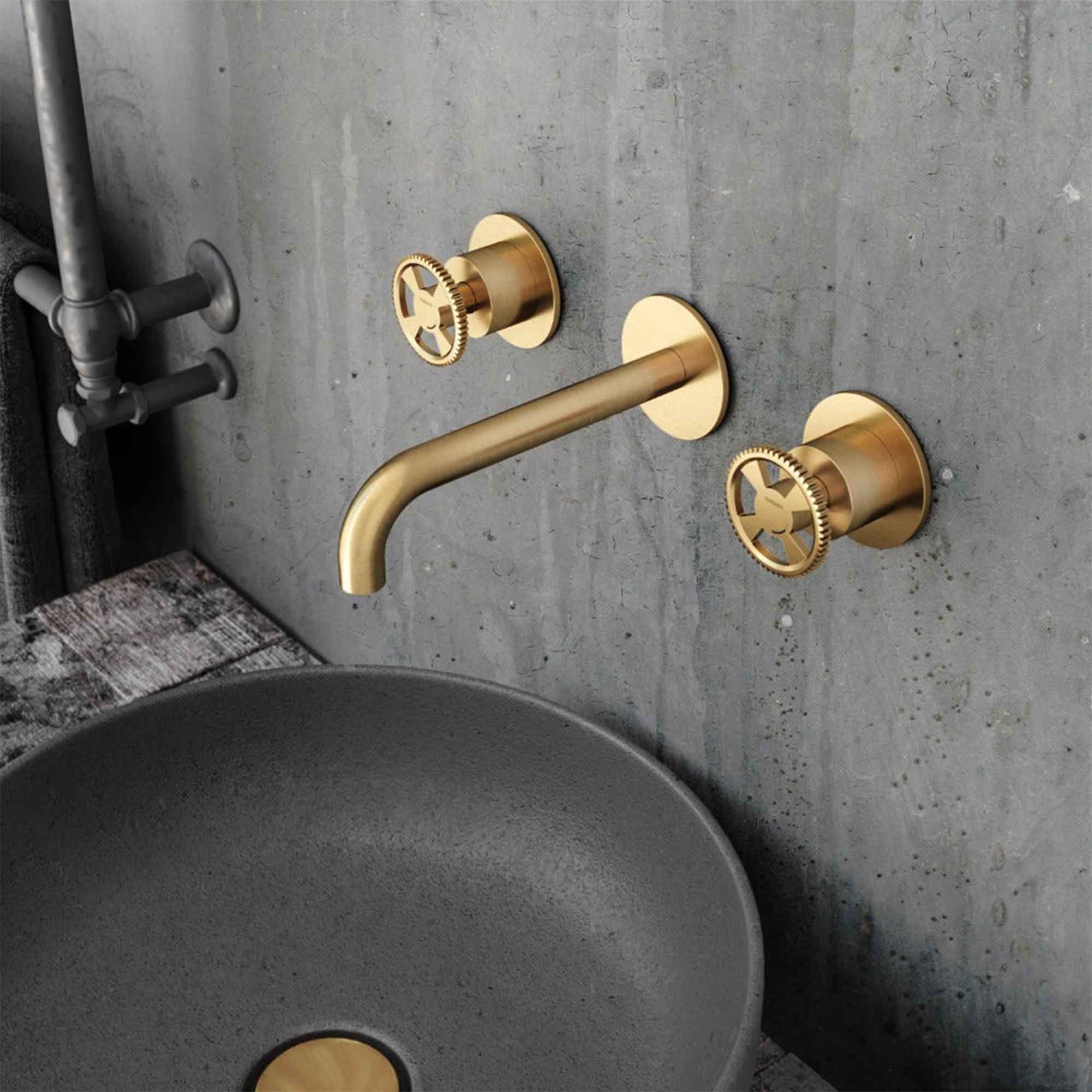 cobber 3 hole wall mounted basin mixer wheel handles living brushed brass