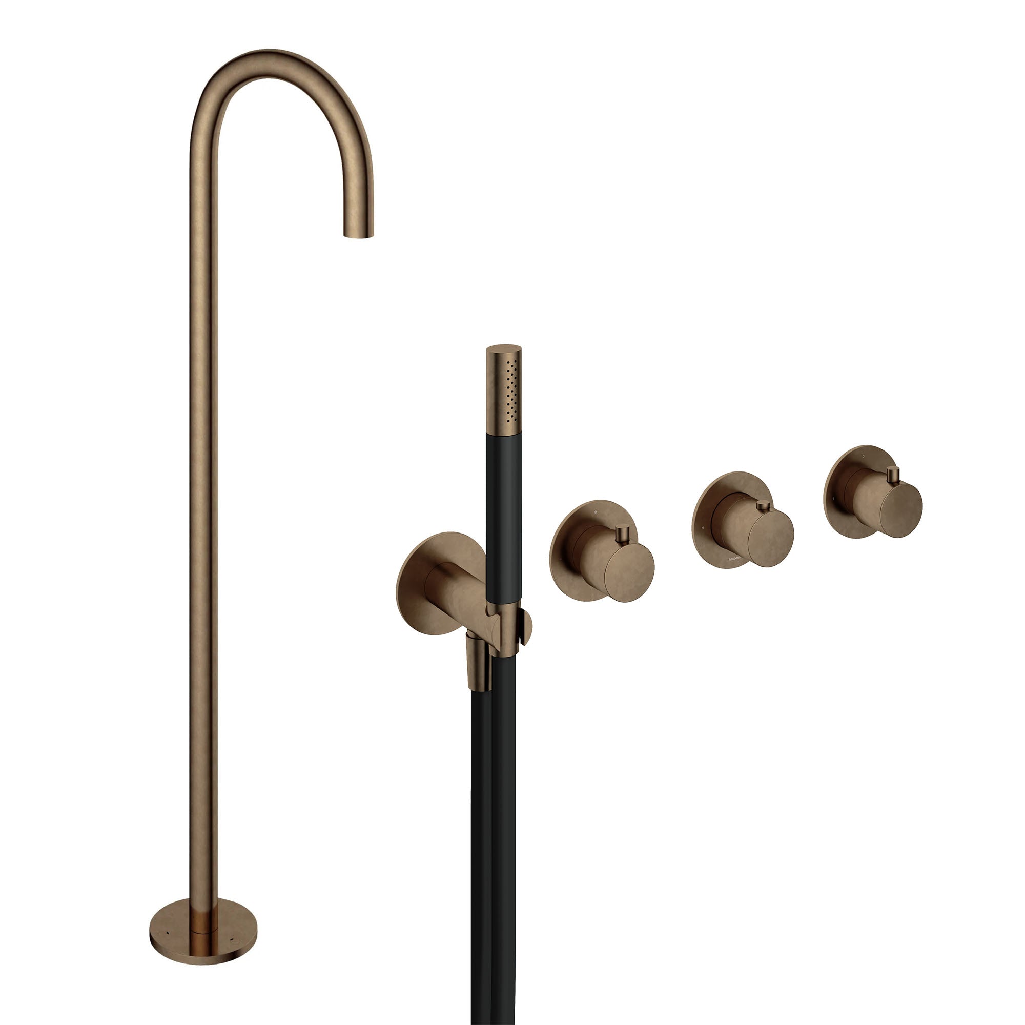 cobber 4 hole wall mounted shower handset with floorstanding bath spout aged brass