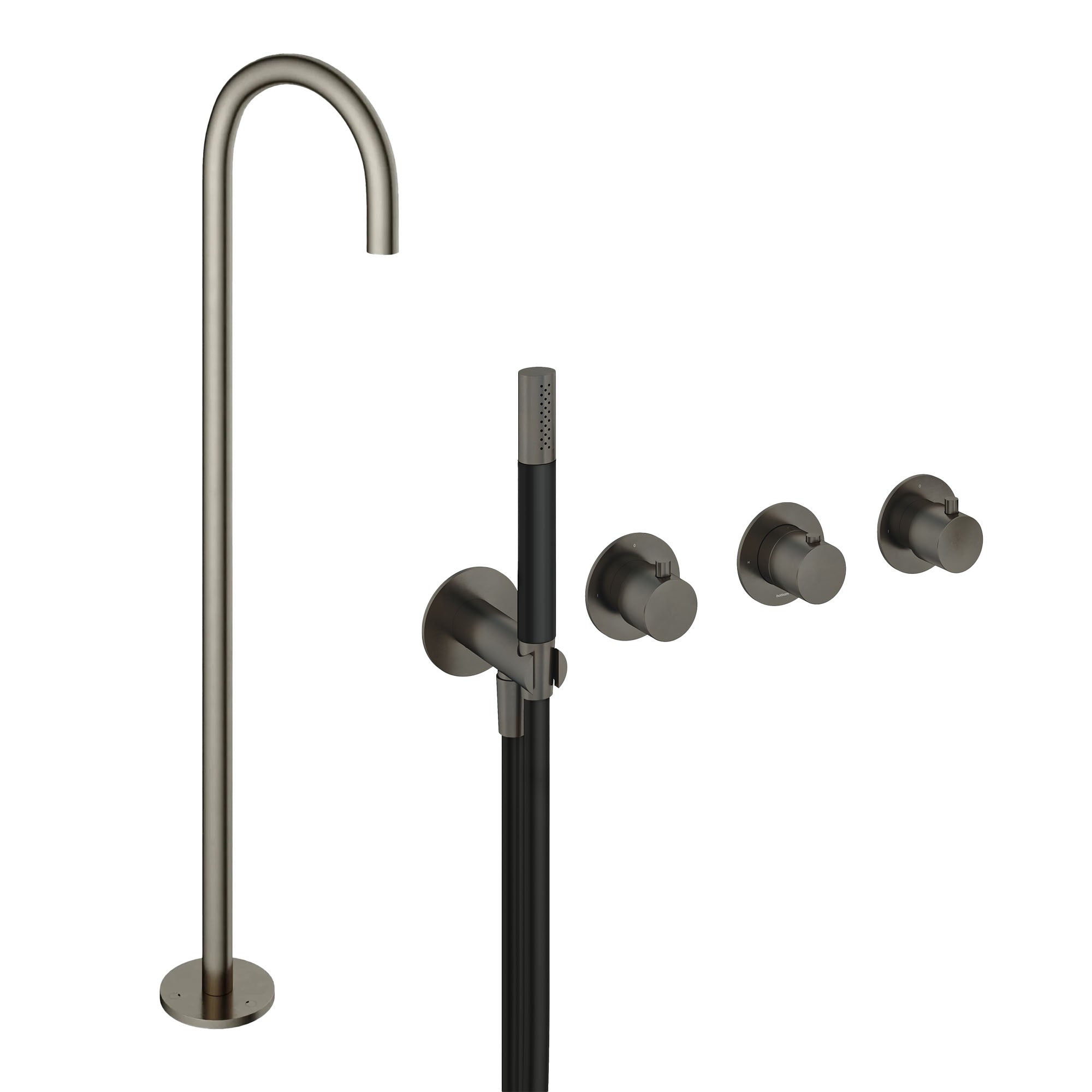 cobber 4 hole wall mounted shower handset with floorstanding bath spout aged iron