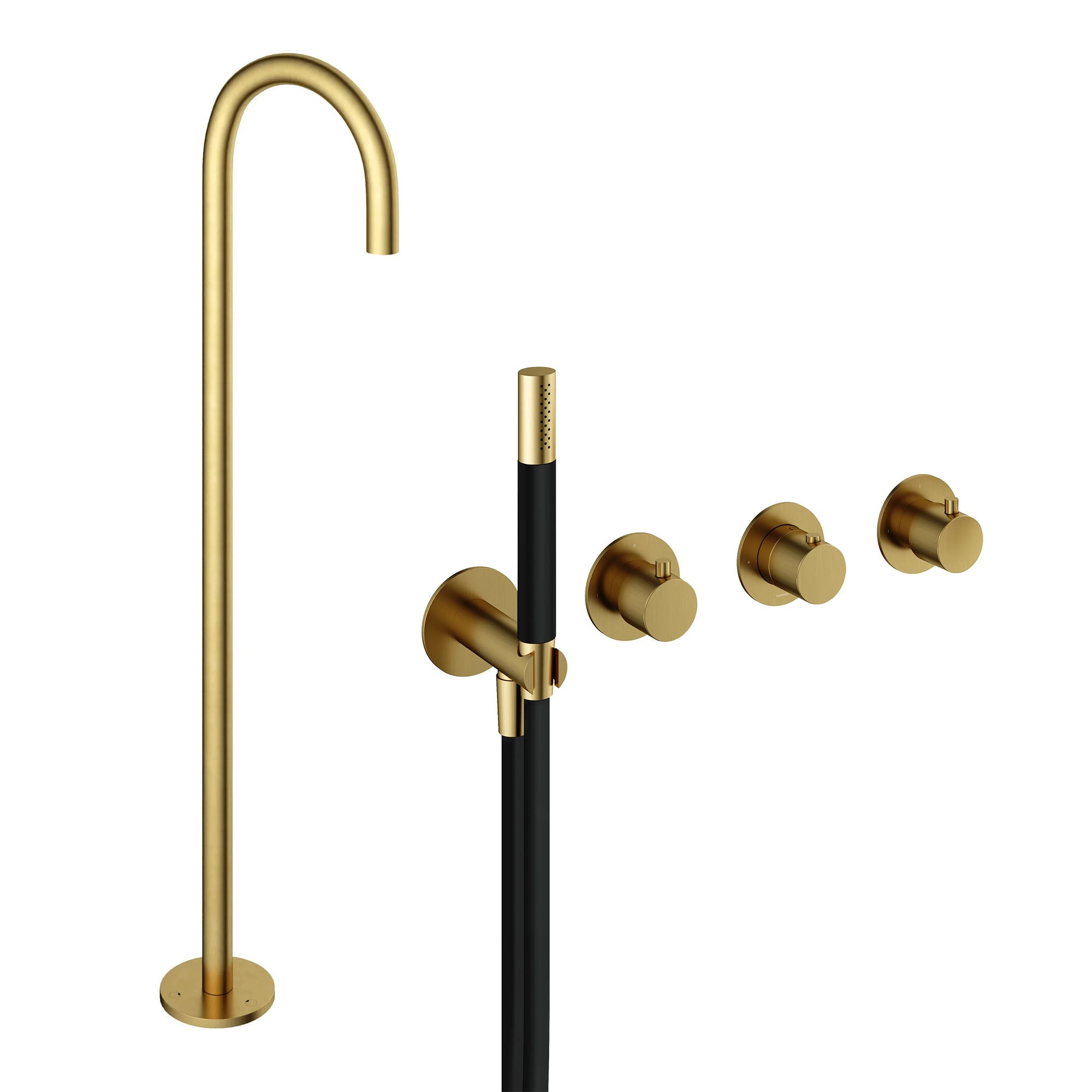 cobber 4 hole wall mounted shower handset with floorstanding bath spout brushed brass pvd