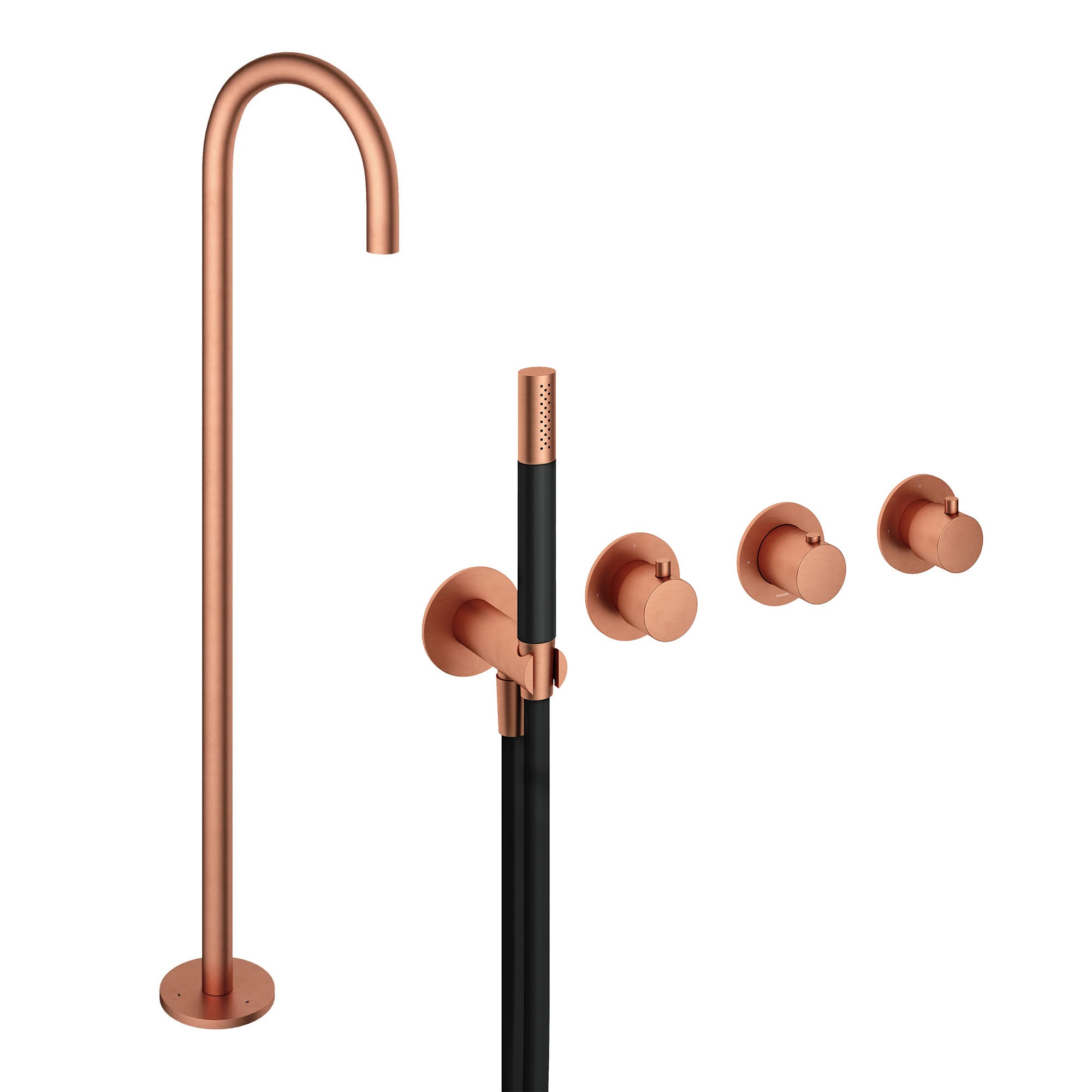 cobber 4 hole wall mounted shower handset with floorstanding bath spout brushed copper