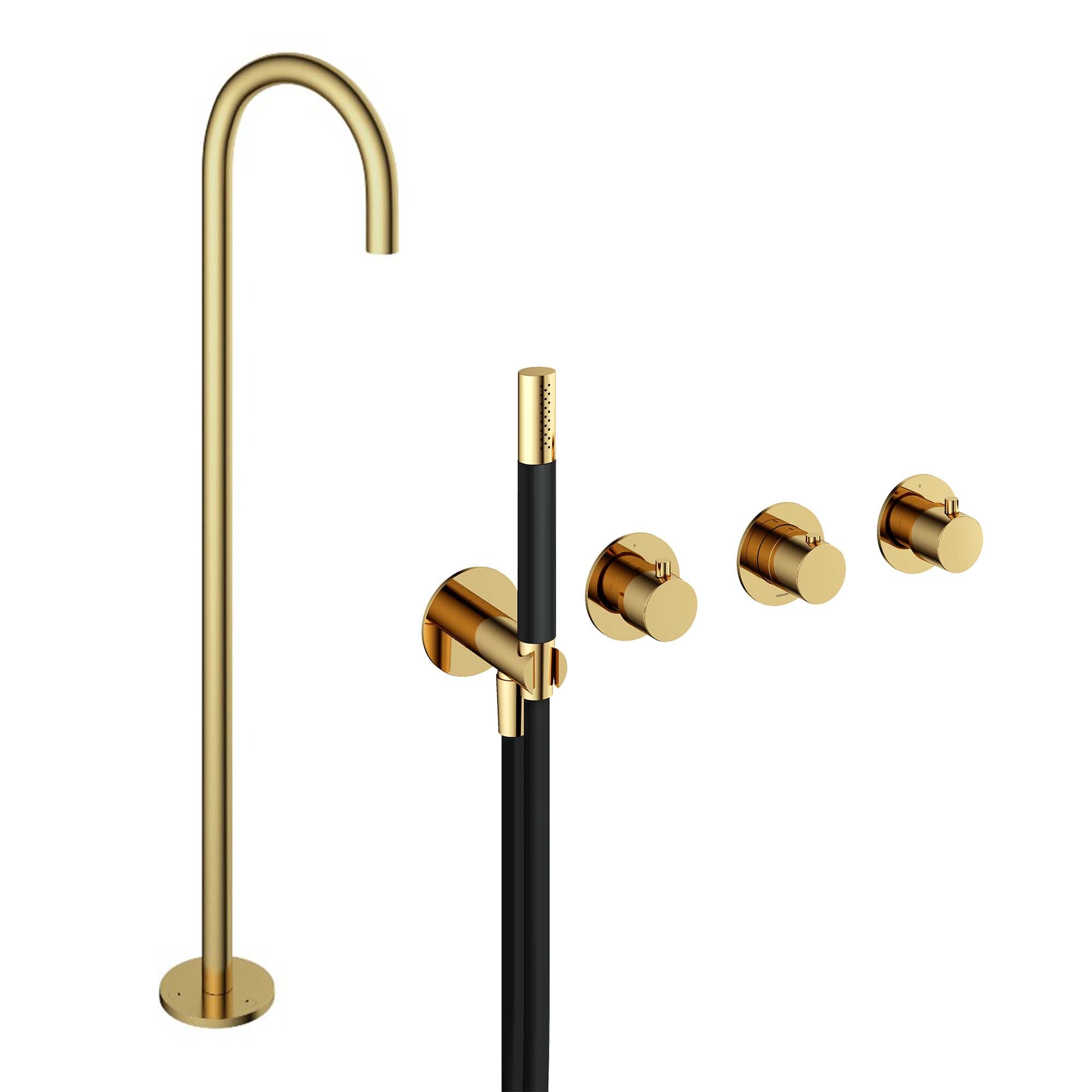 cobber 4 hole wall mounted shower handset with floorstanding bath spout polished pvd brass