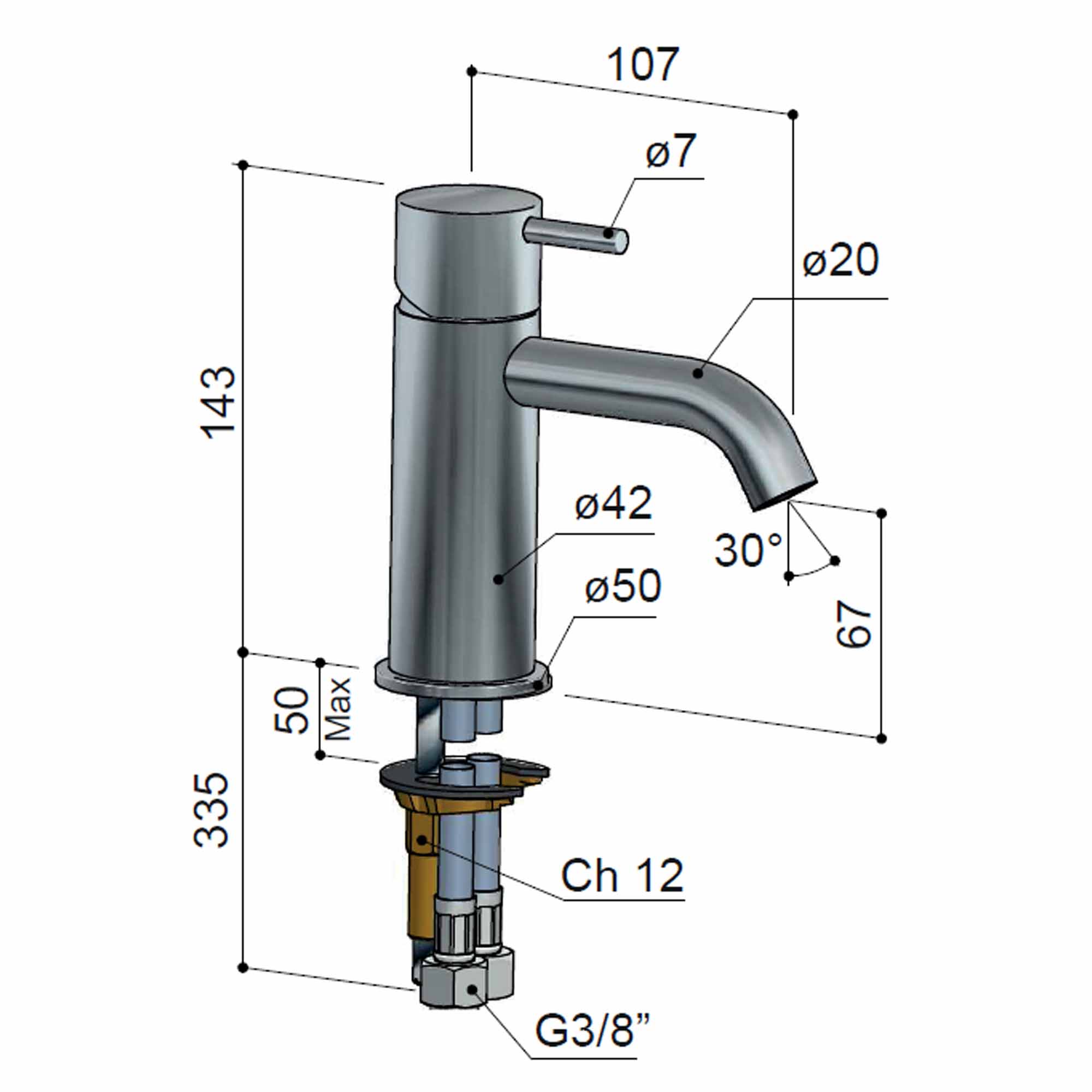 cobber basin mixer tap monobloc curved spout dimensions