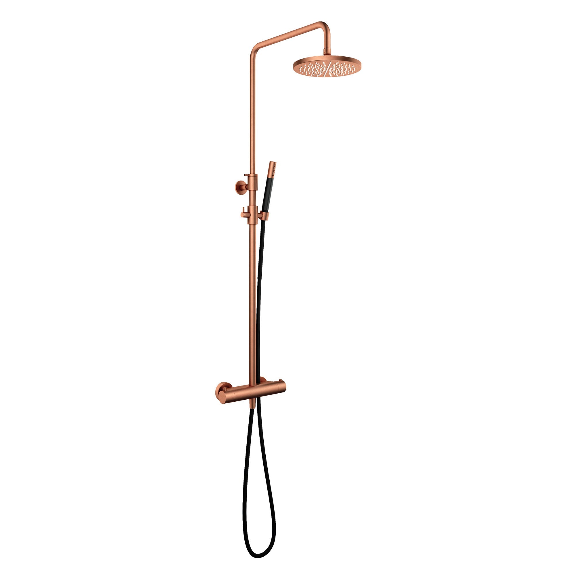 cobber exposed thermostatic rigid riser shower with pencil handset brushed copper