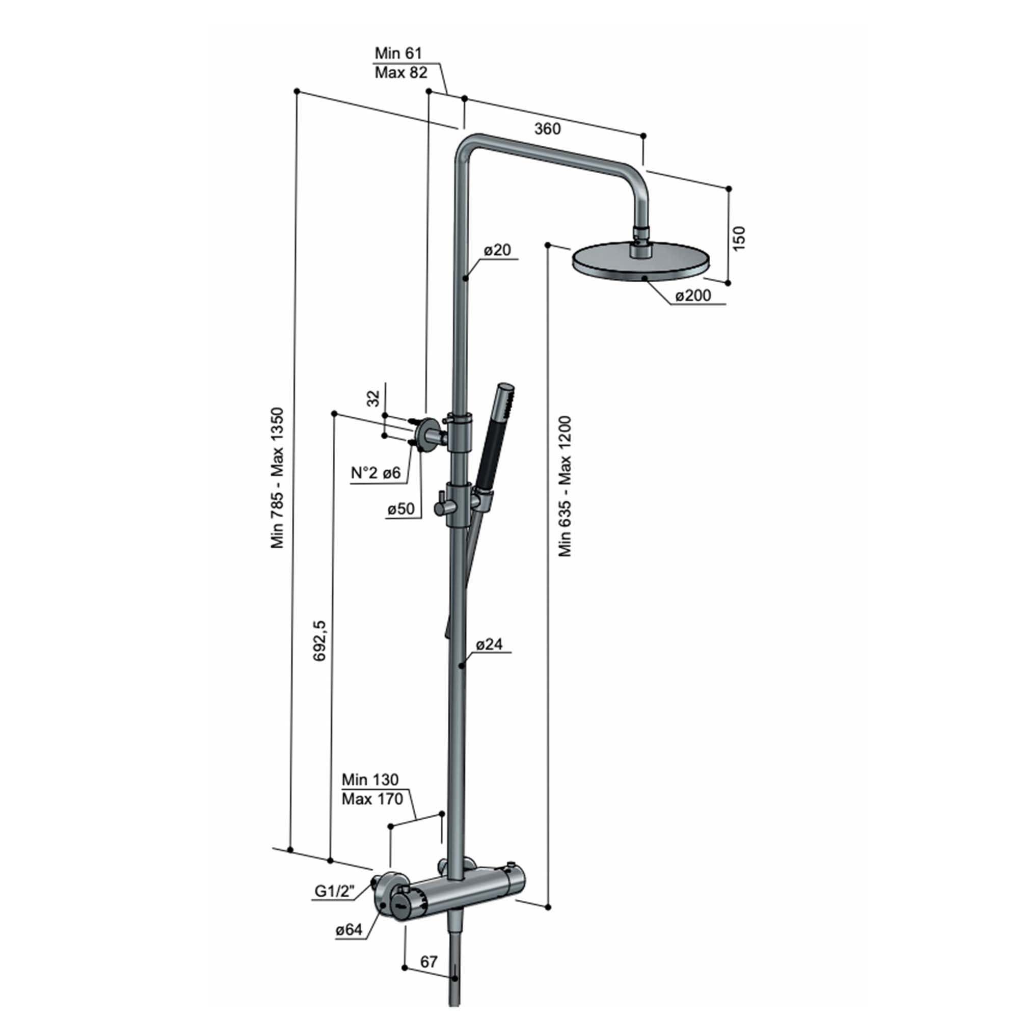 cobber exposed thermostatic rigid riser shower with pencil handset dimensions