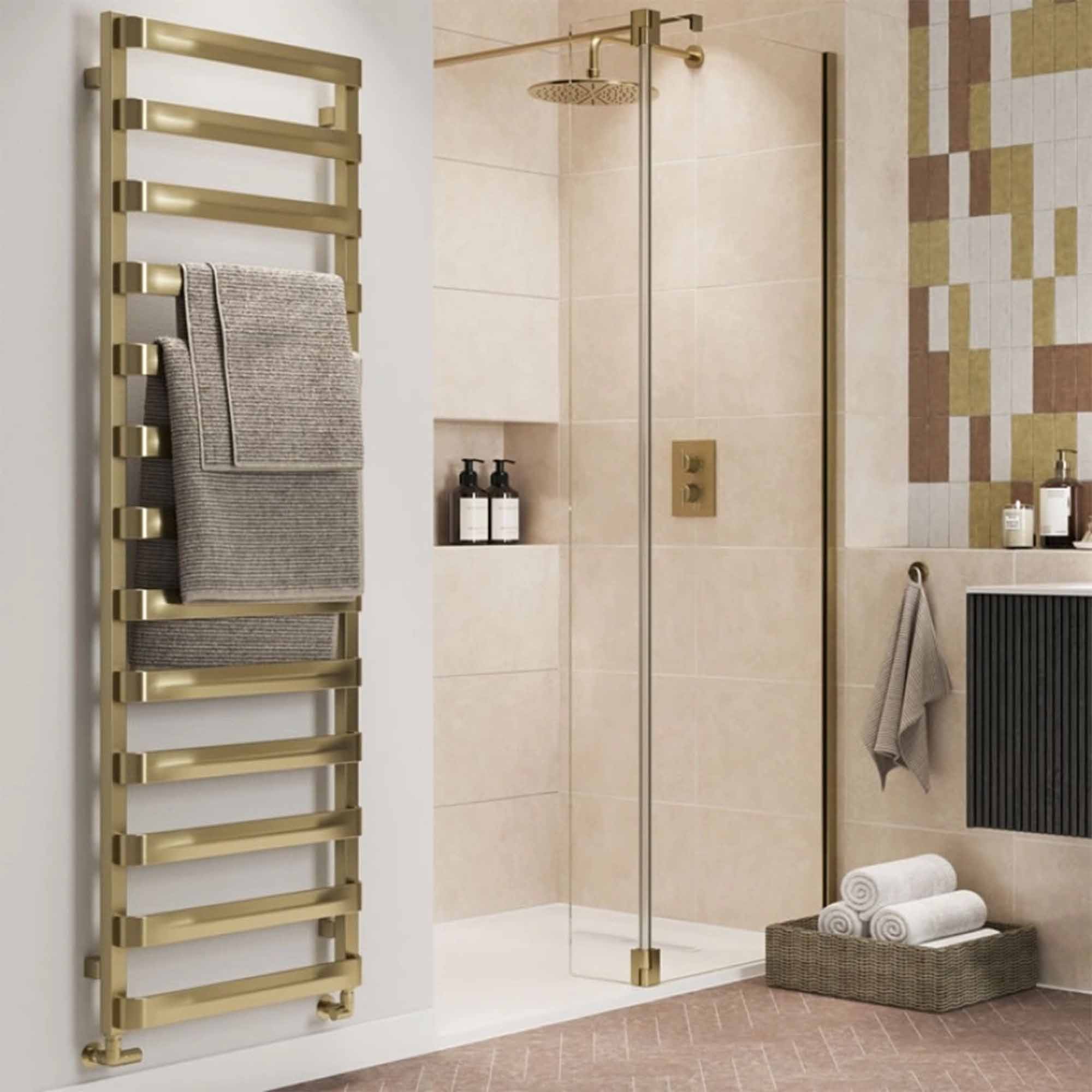 crosswater air heated towel rail 500x1630mm brushed brass