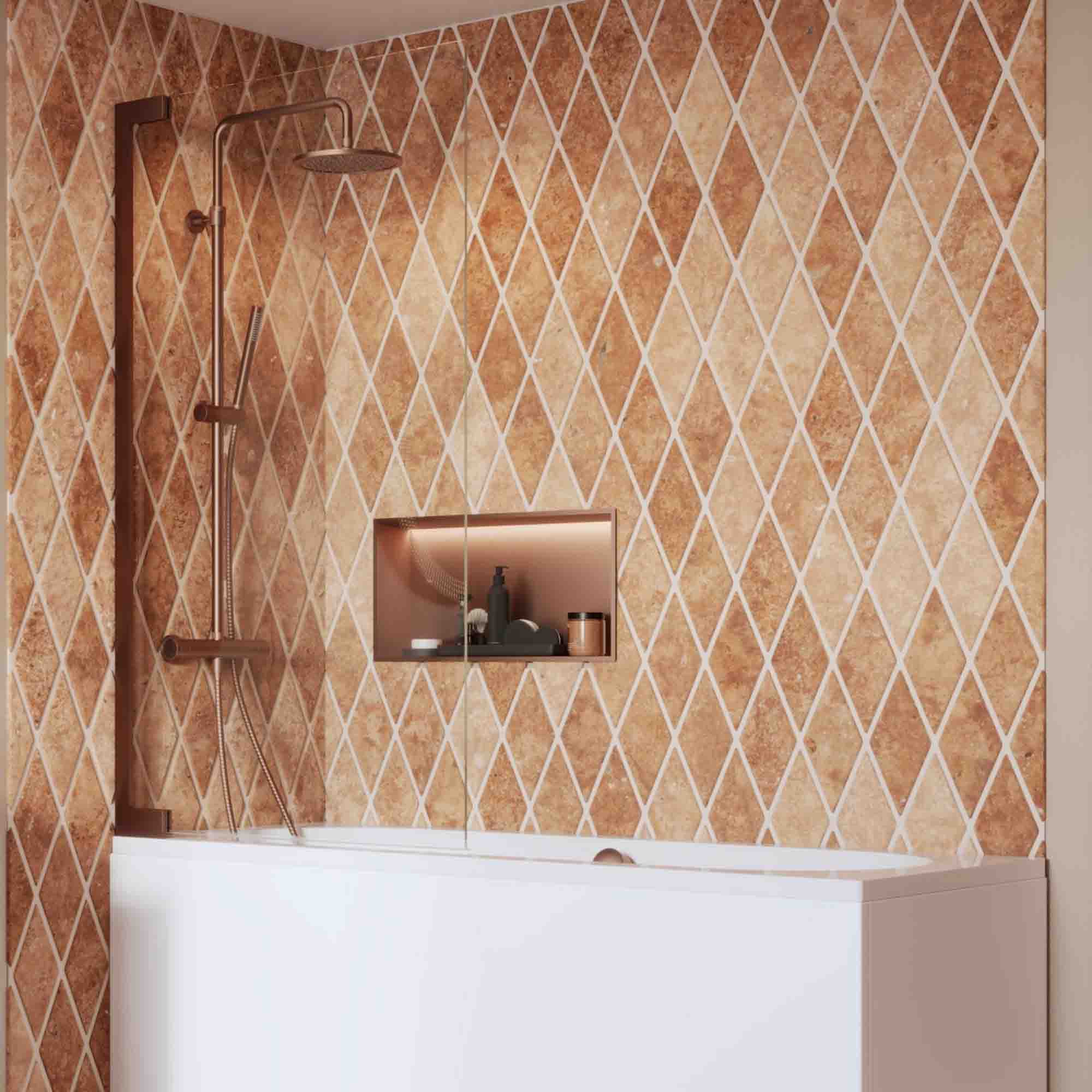 crosswater asura hinged bath screen 900mm brushed bronze