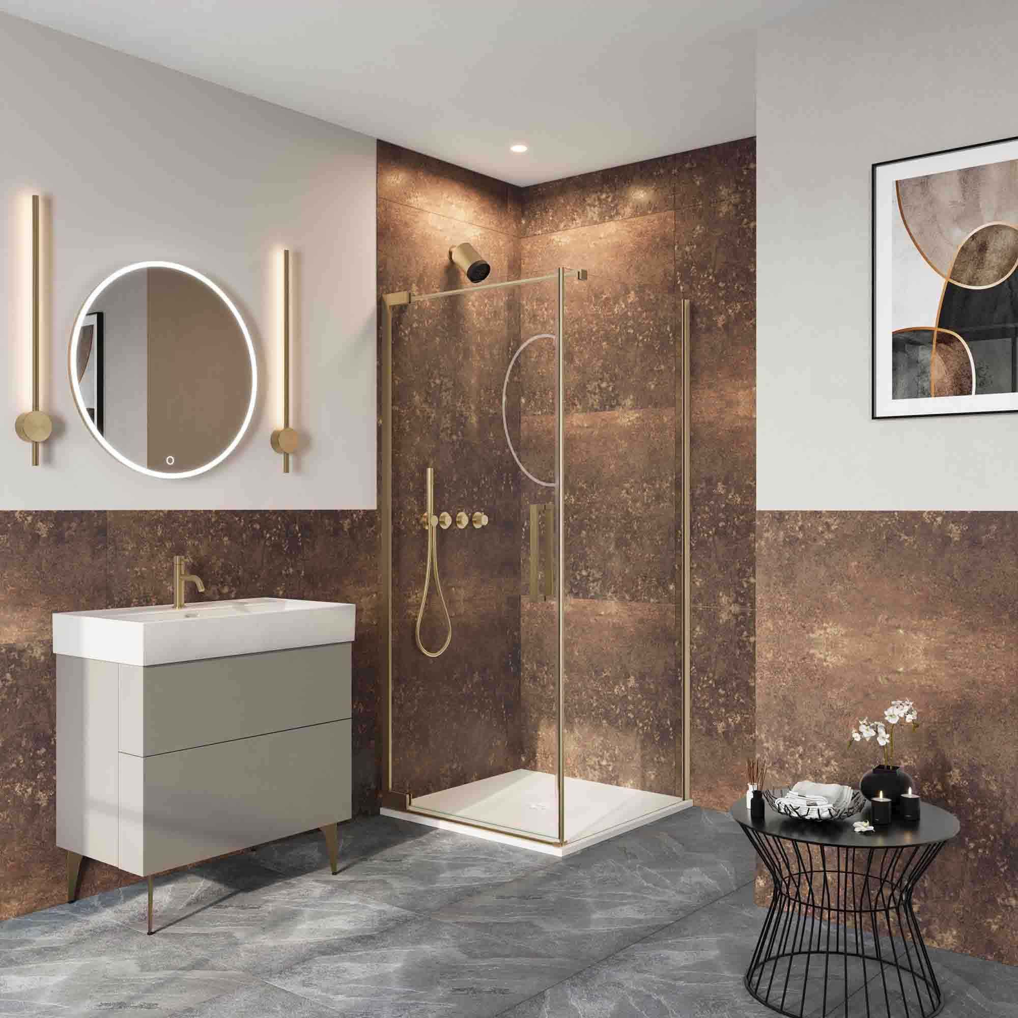 crosswater asura hinged shower door with side panel brushed brass