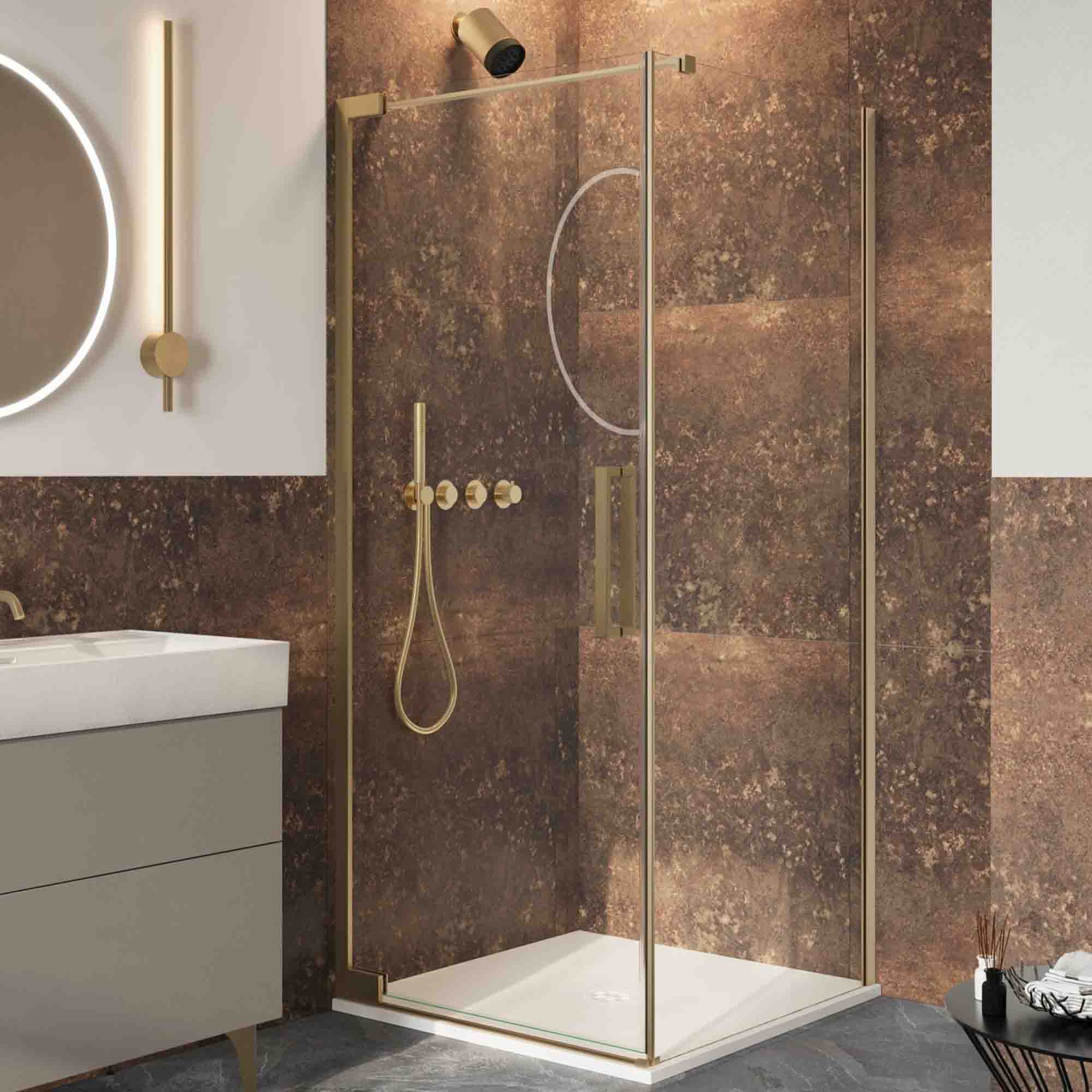 crosswater asura hinged shower door with side panel brushed brass