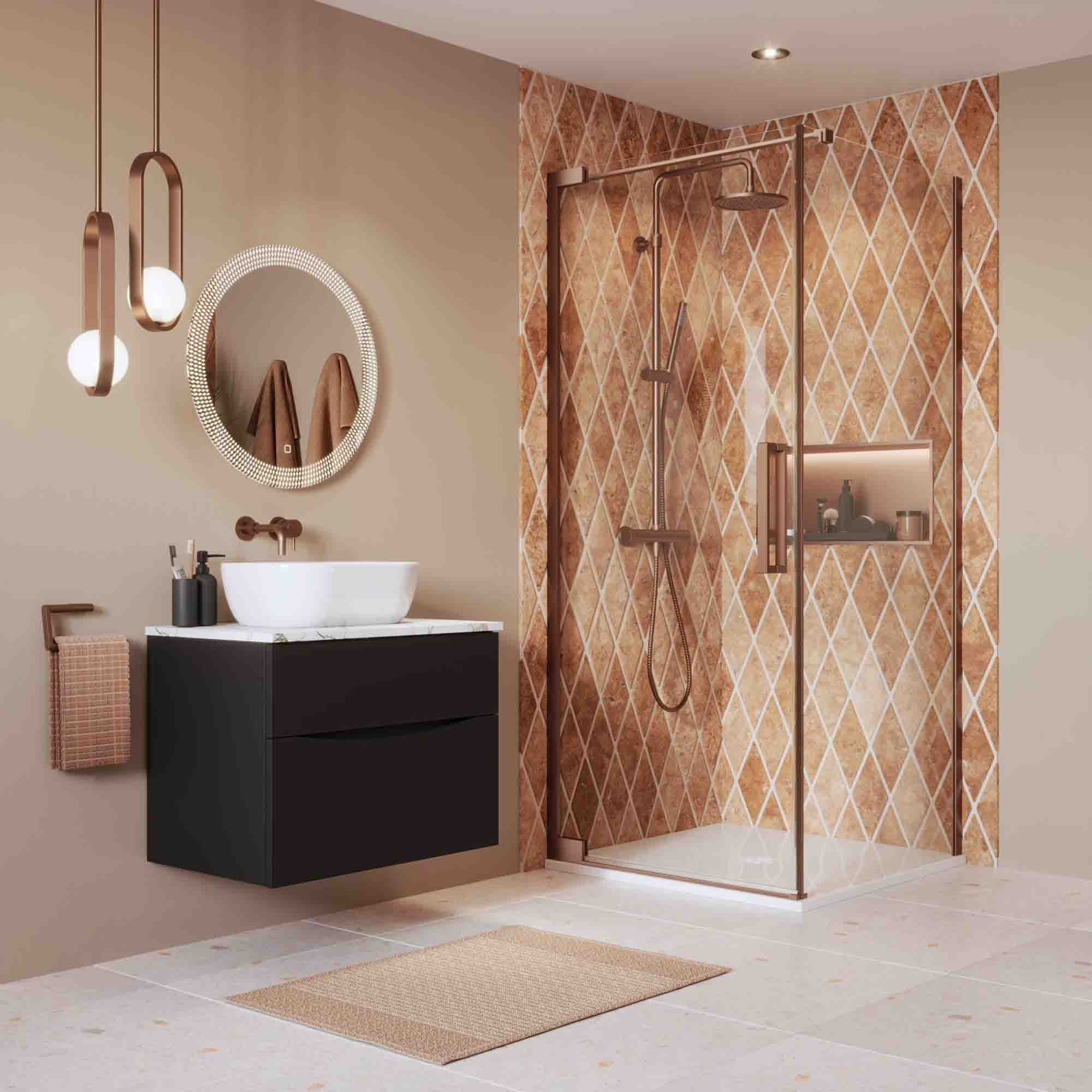 crosswater asura hinged shower door with side panel brushed bronze