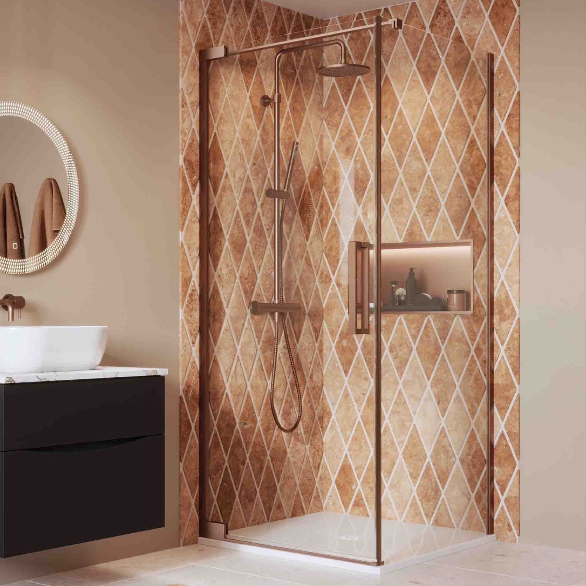 crosswater asura hinged shower door with side panel brushed bronze