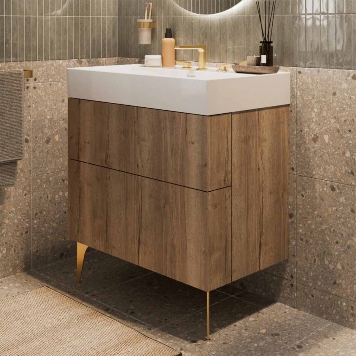 crosswater avenue 600mm 2 drawer wall mounted vanity unit with ceramic basin windsor oak