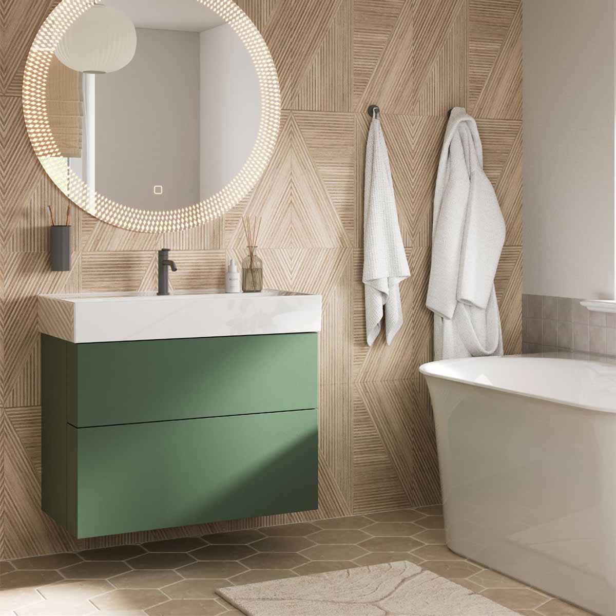 crosswater avenue 800mm 2 drawer wall mounted vanity unit with ceramic basin sage green