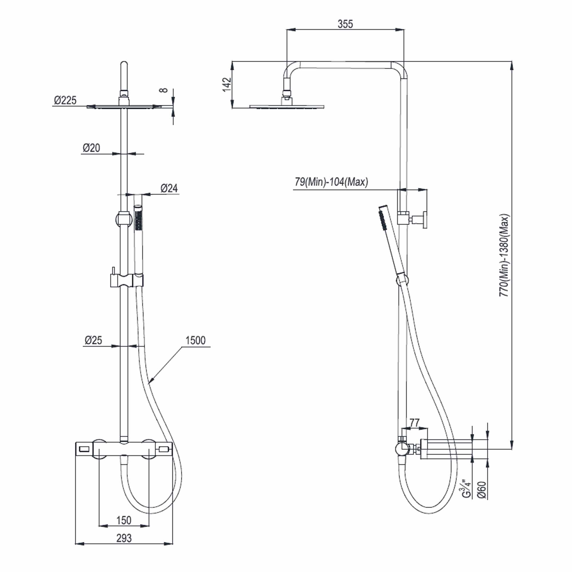 crosswater central multifunction thermostatic shower kit dimensions