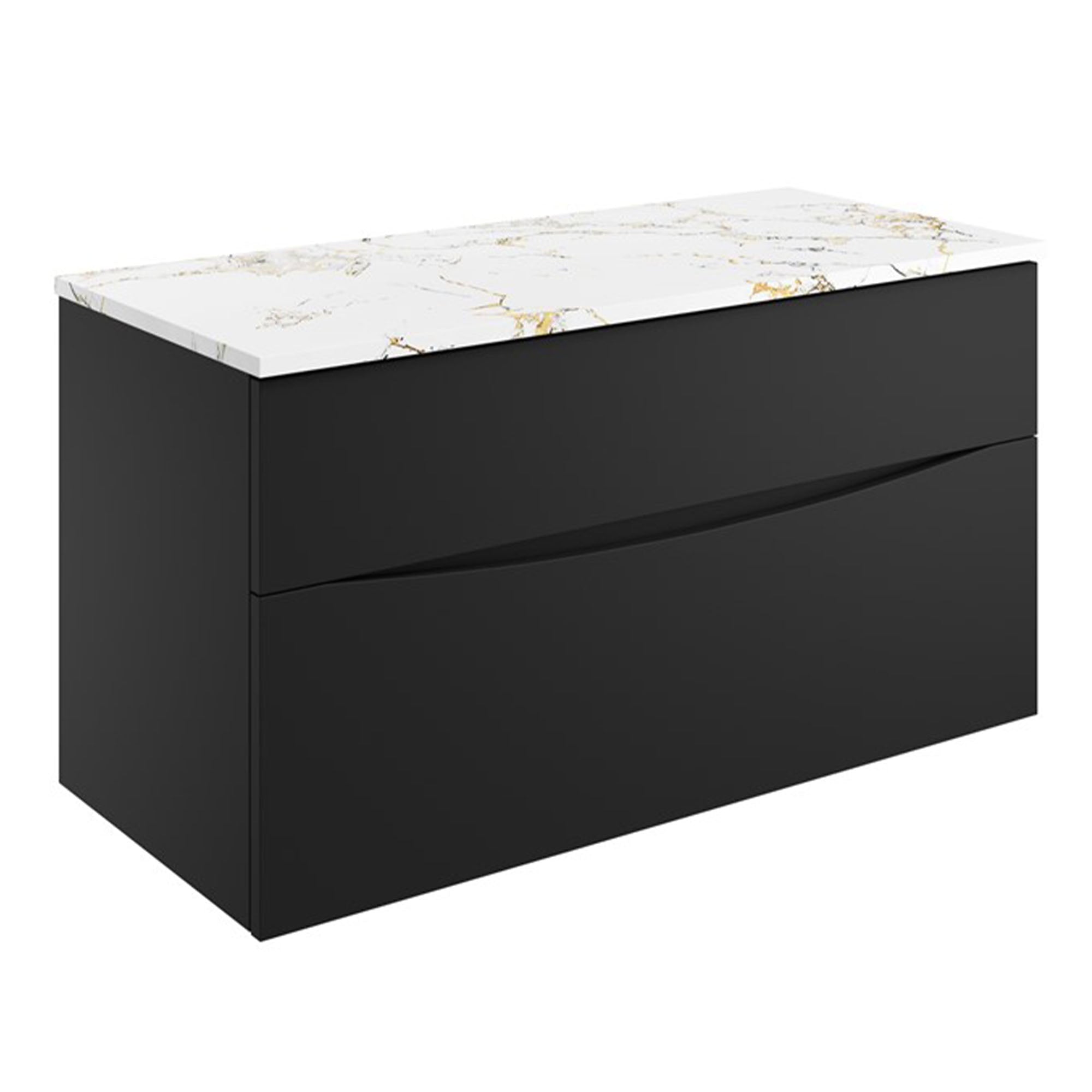 crosswater glide II 1000 wall hung vanity unit with gold vein estatuario marble worktop matt black