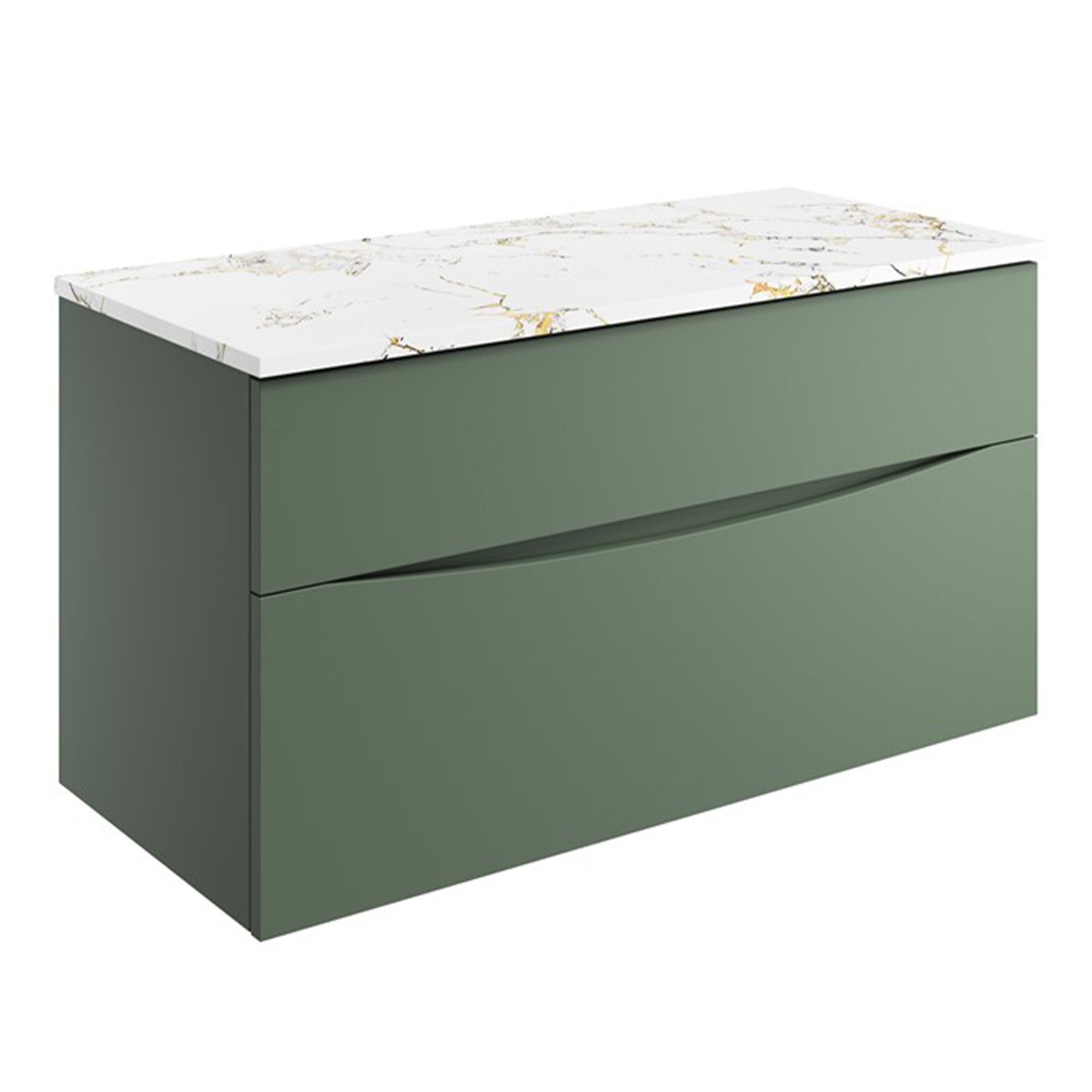 crosswater glide II 1000 wall hung vanity unit with gold vein estatuario marble worktop sage green