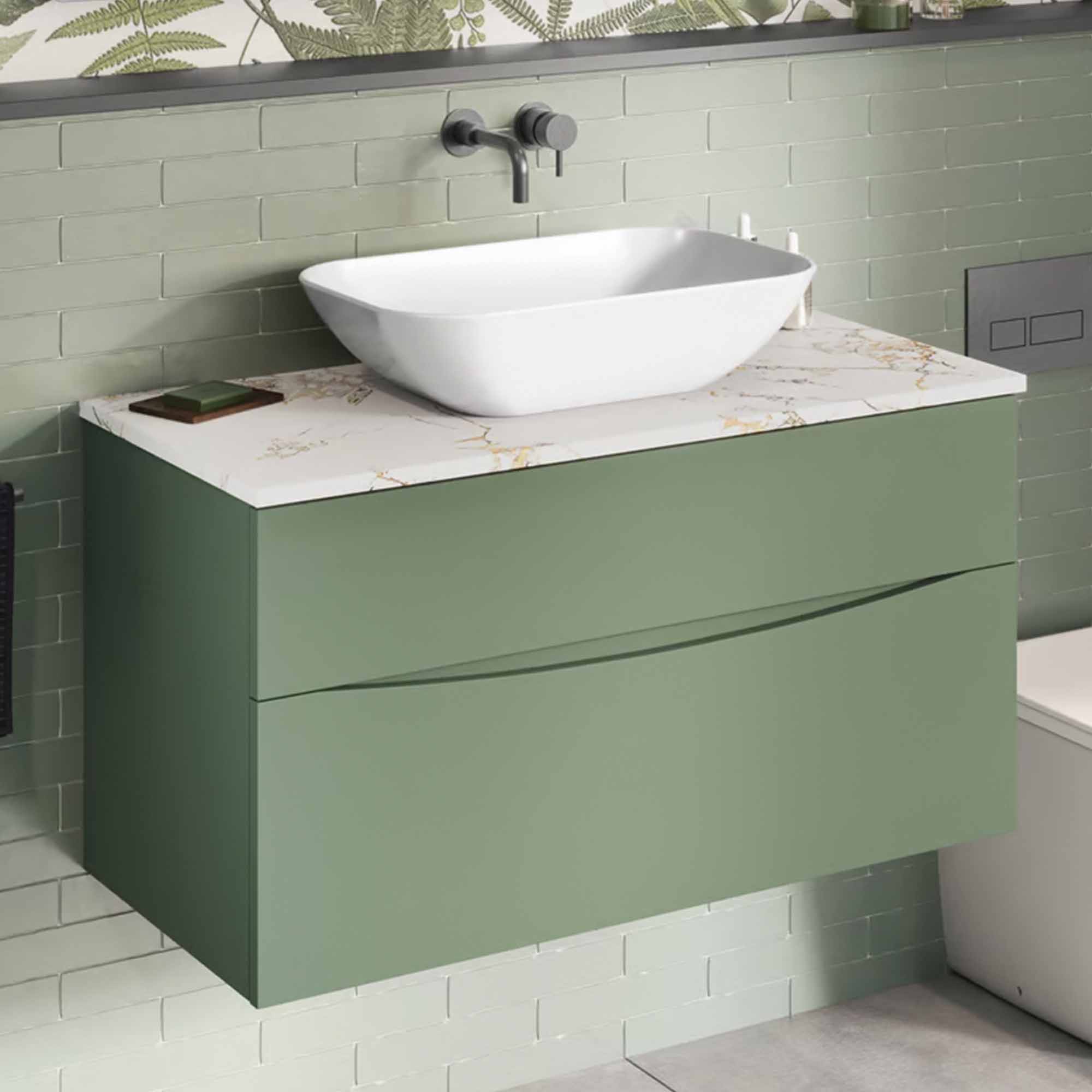 crosswater glide II 1000 wall hung vanity unit with gold vein estatuario marble worktop sage green