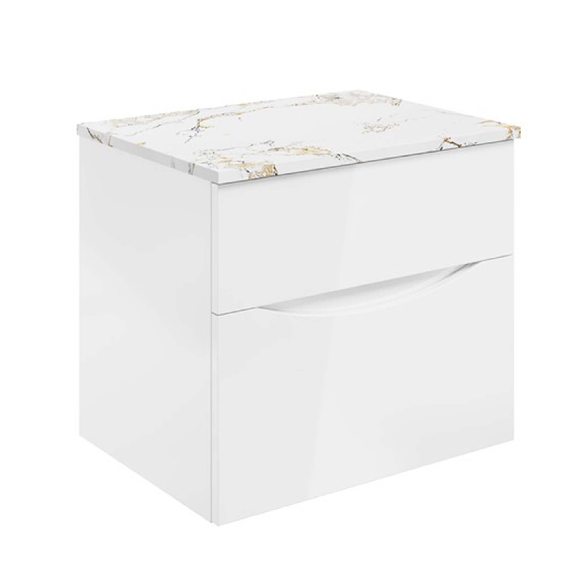 crosswater glide II 600 wall hung vanity unit with gold vein estatuario marble worktop gloss white