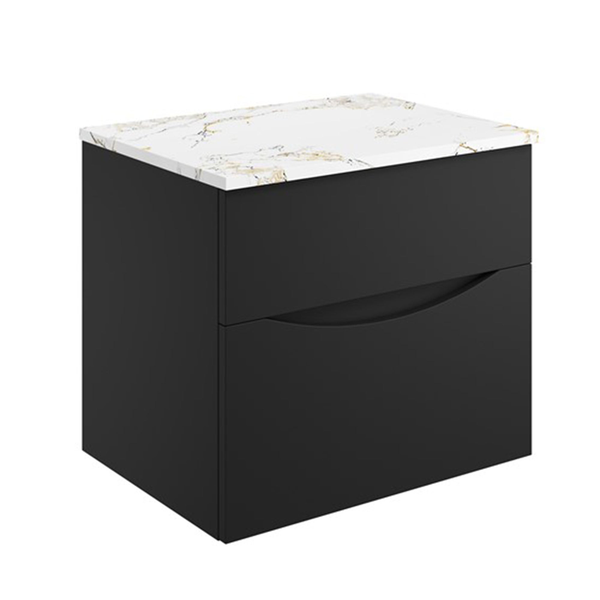 crosswater glide II 600 wall hung vanity unit with gold vein estatuario marble worktop matt black