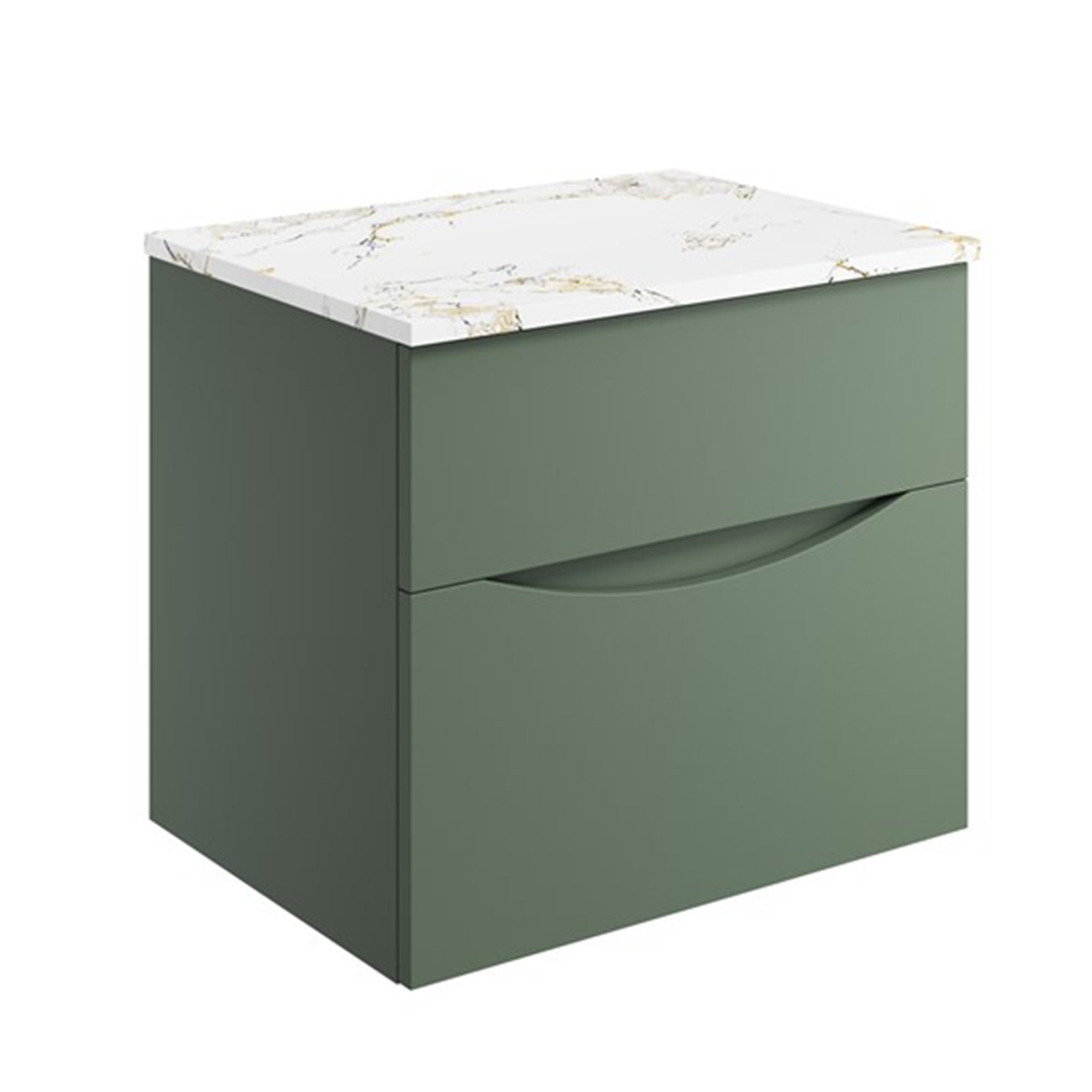 crosswater glide II 600 wall hung vanity unit with gold vein estatuario marble worktop sage green