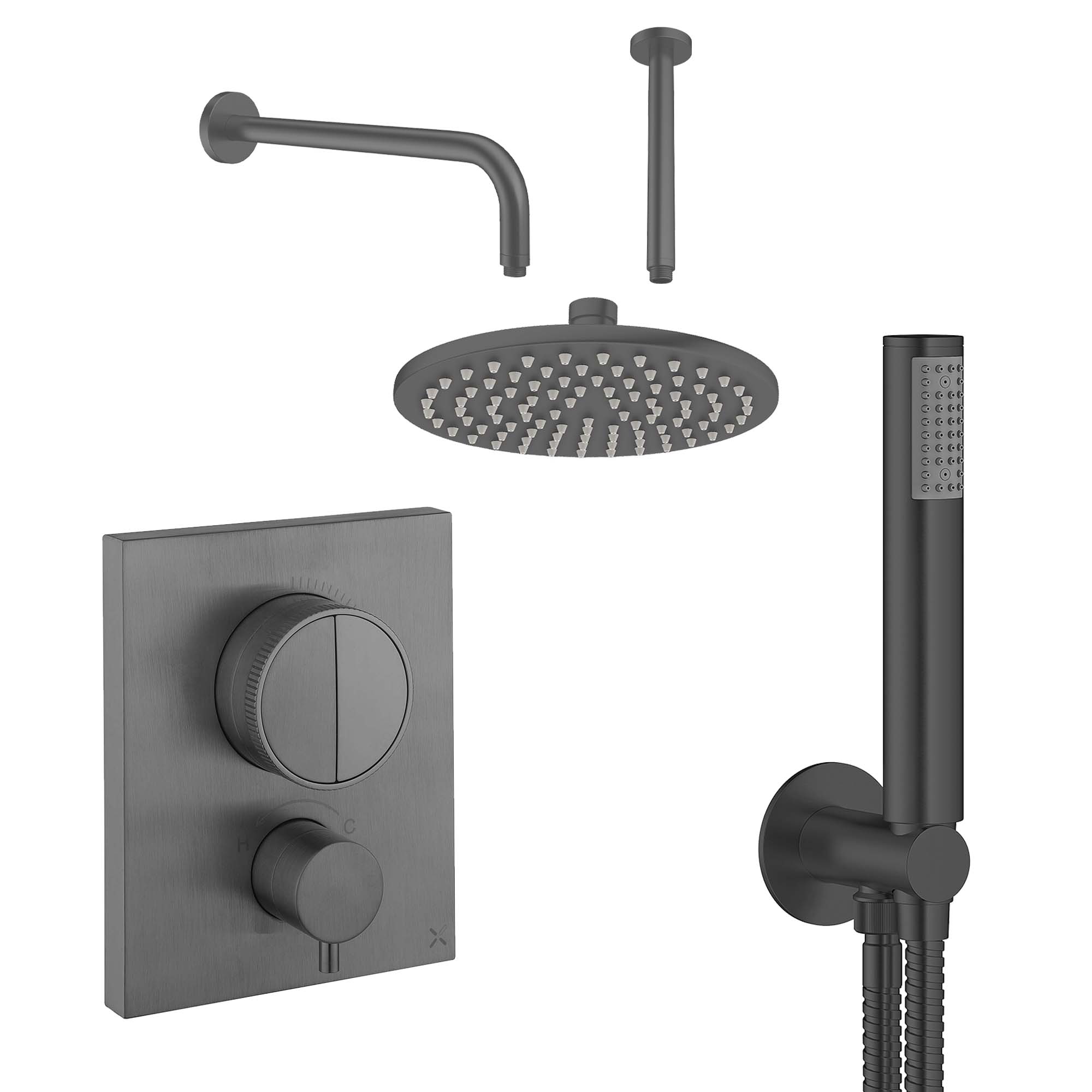crosswater mpro 2 outlet push thermostatic shower valve with pencil handset and fixed overhead slate