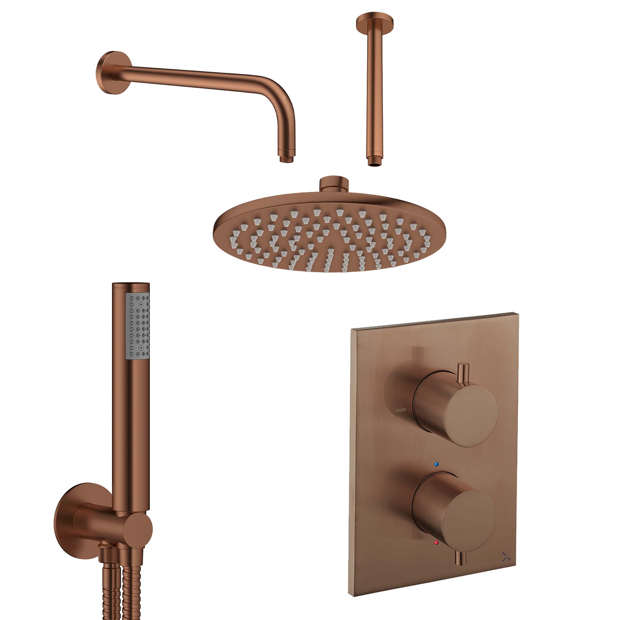 crosswater mpro 2 outlet thermostatic shower valve with pencil handset and fixed overhead brushed bronze