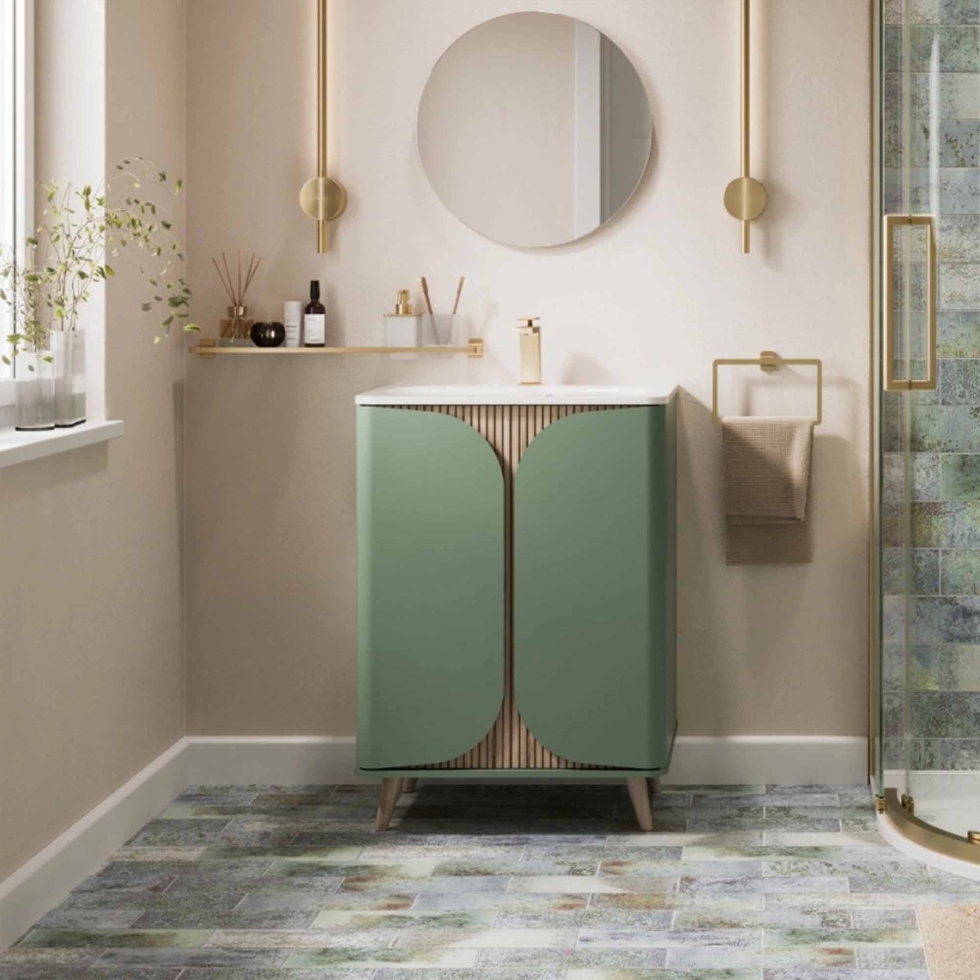 crosswater tambour 600mm 2 door floorstanding vanity unit with stone resin basin sage green