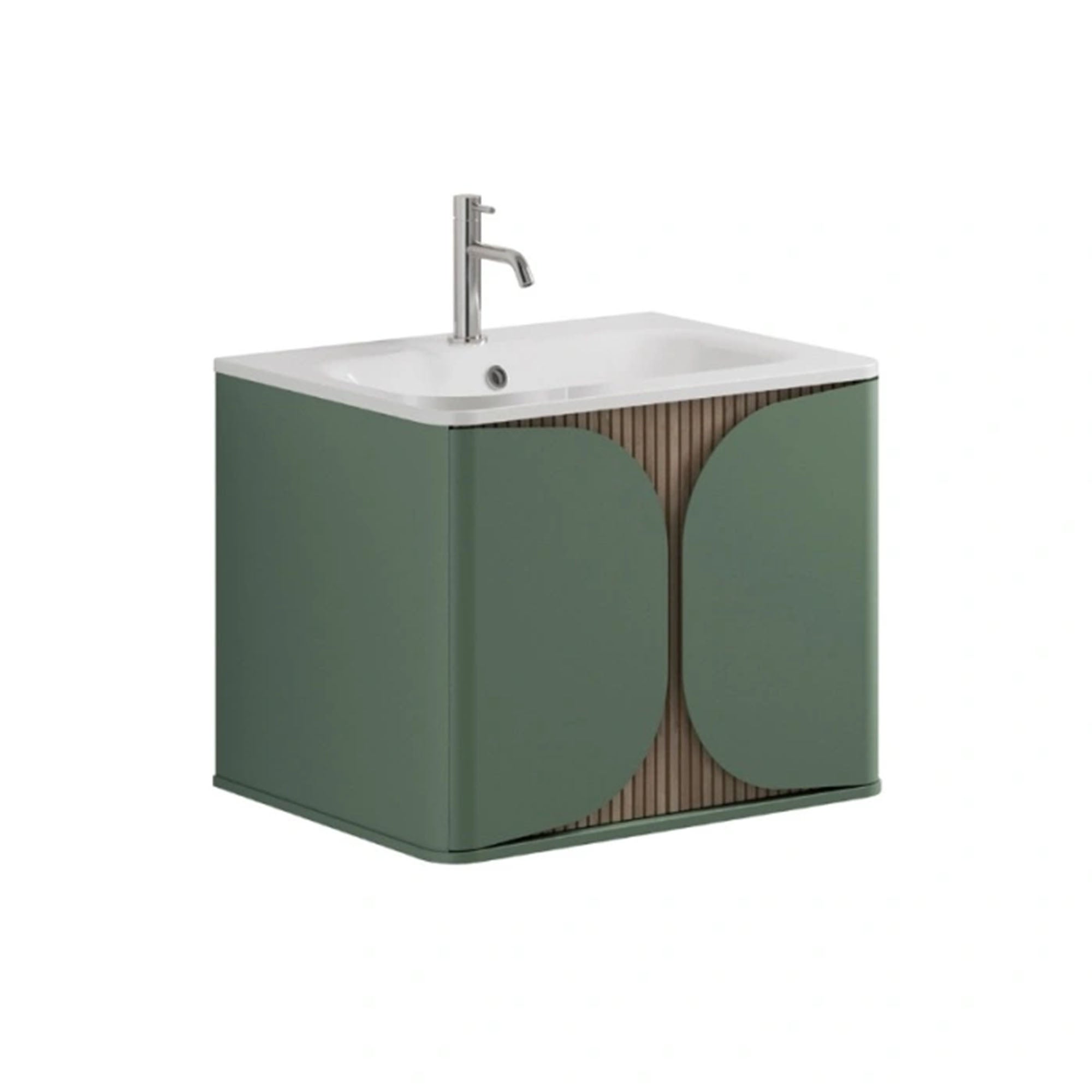 crosswater tambour 600mm single drawer wall mounted vanity unit with stone resin basin sage green