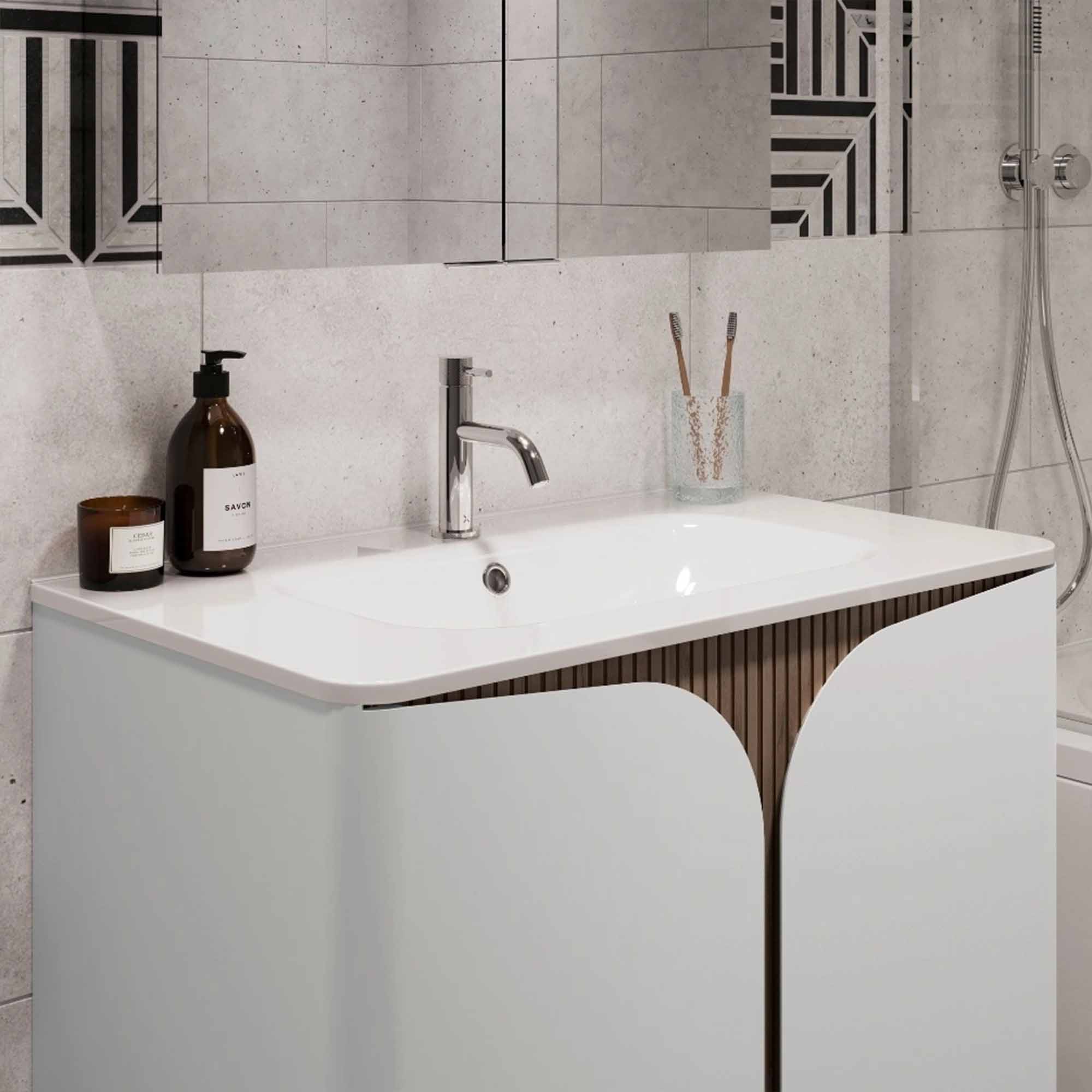 crosswater tambour 800mm 2 door floorstanding vanity unit with stone resin basin white matt lifestyle